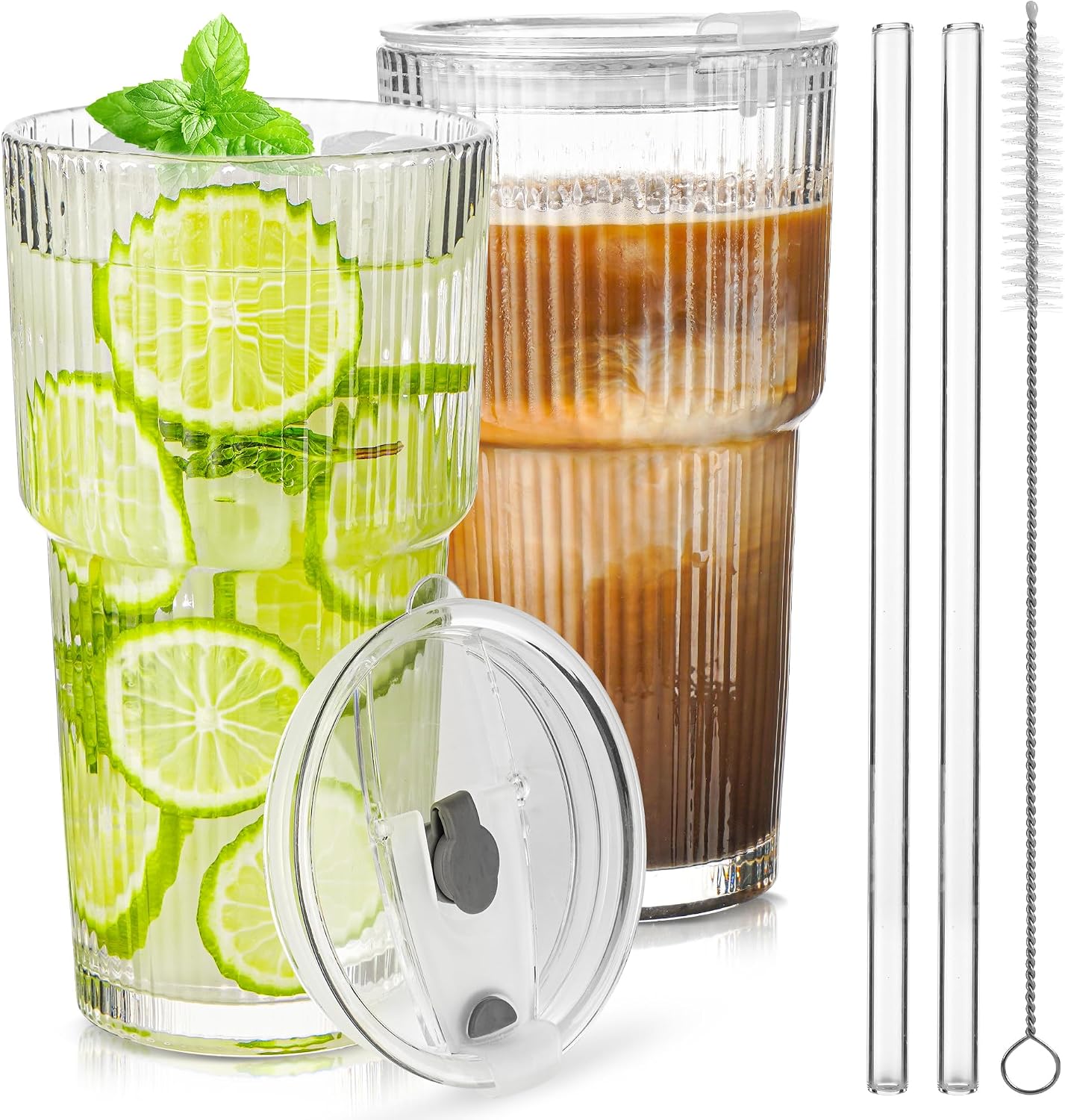 Detalle de KUOGAS räfflade kaffeglas, 2-pack à 600 ml med lock och sugrör