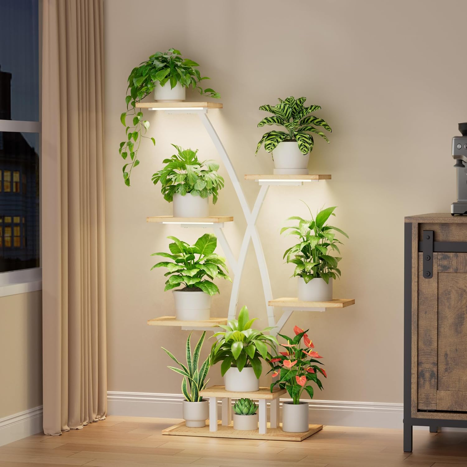 Detalle 2 de BACEKOLL Supporto per piante con luci di crescita: scala a 7 livelli, 105 cm in metallo e legno, bianco