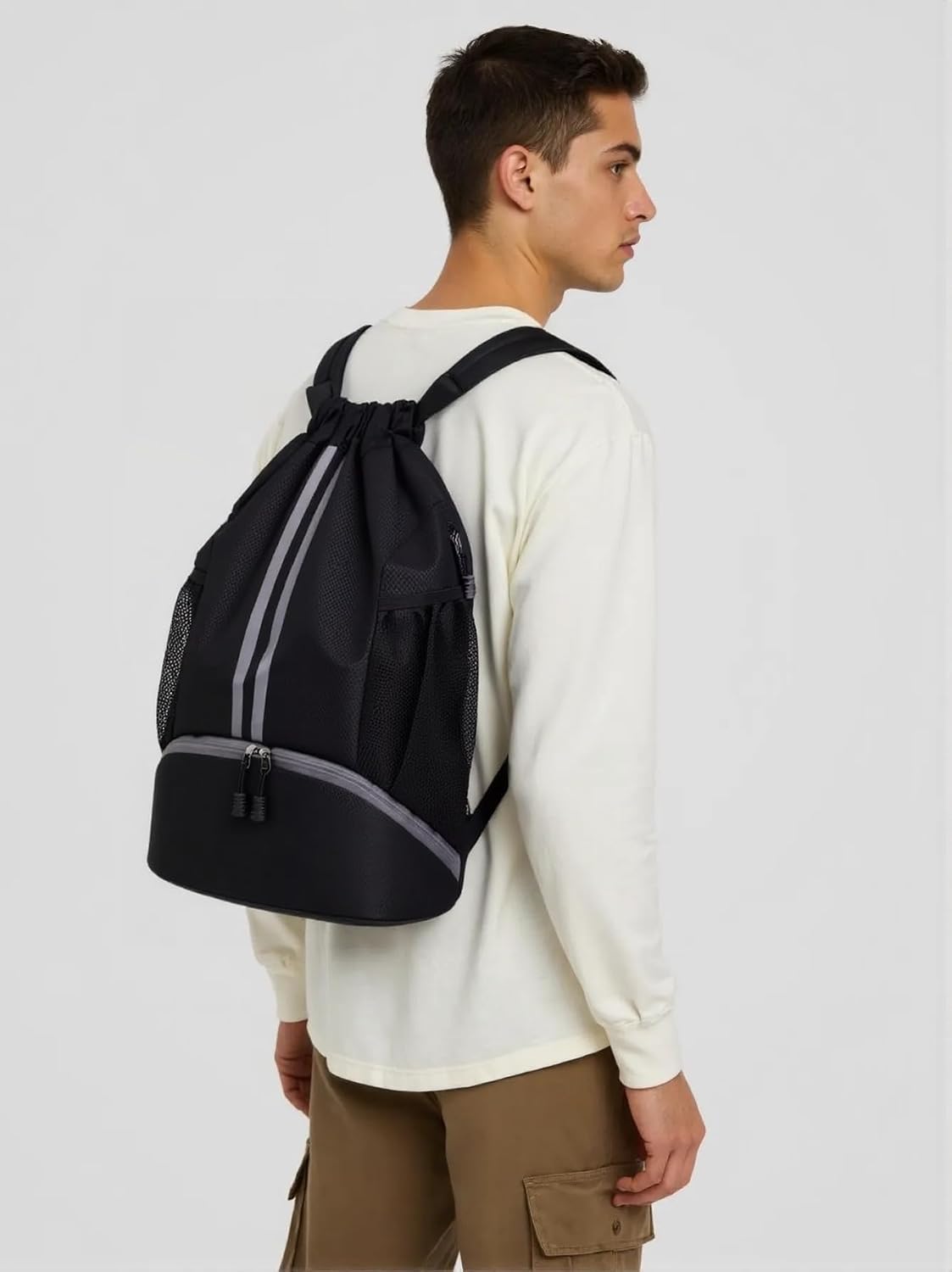 Detalle de Arae Drawstring Gym Backpack with Shoe Compartment & Wet-Proof Pocket (Striped Black)