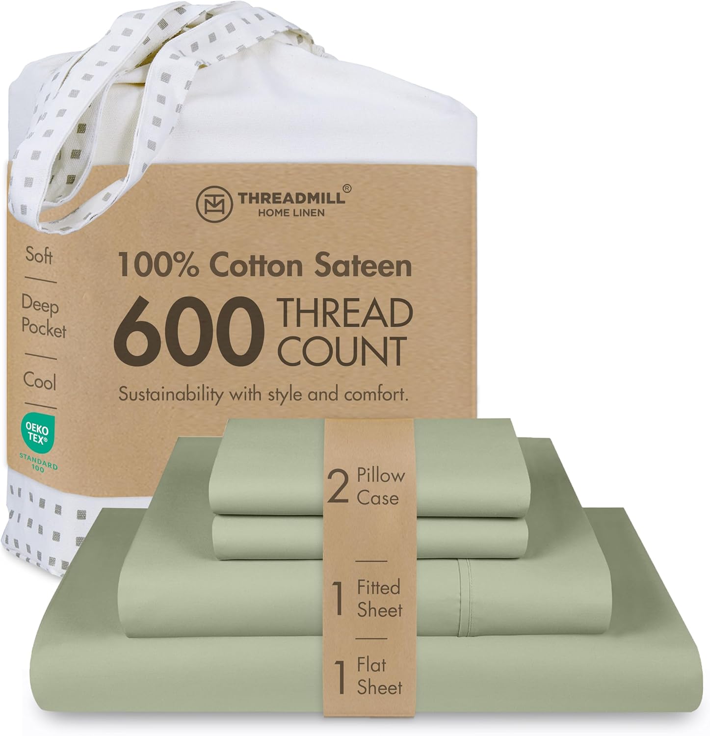 Threadmill 100% Cotton Queen Sheets Set with 600 Thread Count in Sage Green