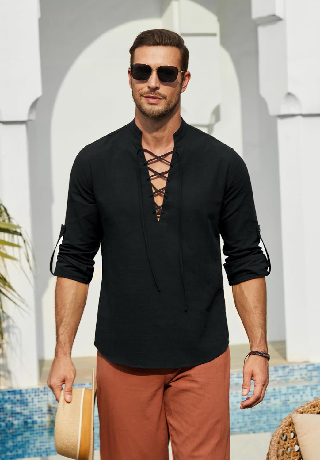 Detalle 2 de Enlision Leinenhemd Herren Langarm – Medievaler Look mit Kordelzug, 70% Baumwolle/30% Leinen