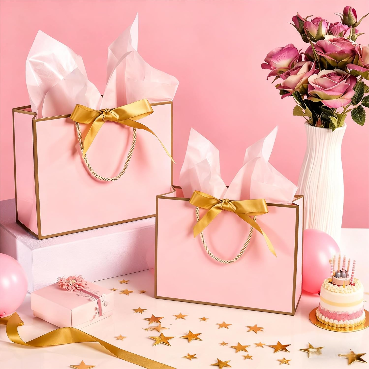 Detalle 2 de Medium Gift Bags for Present – Pink Gift Bags with Bows (10 Pack) for Women and Special Occasions