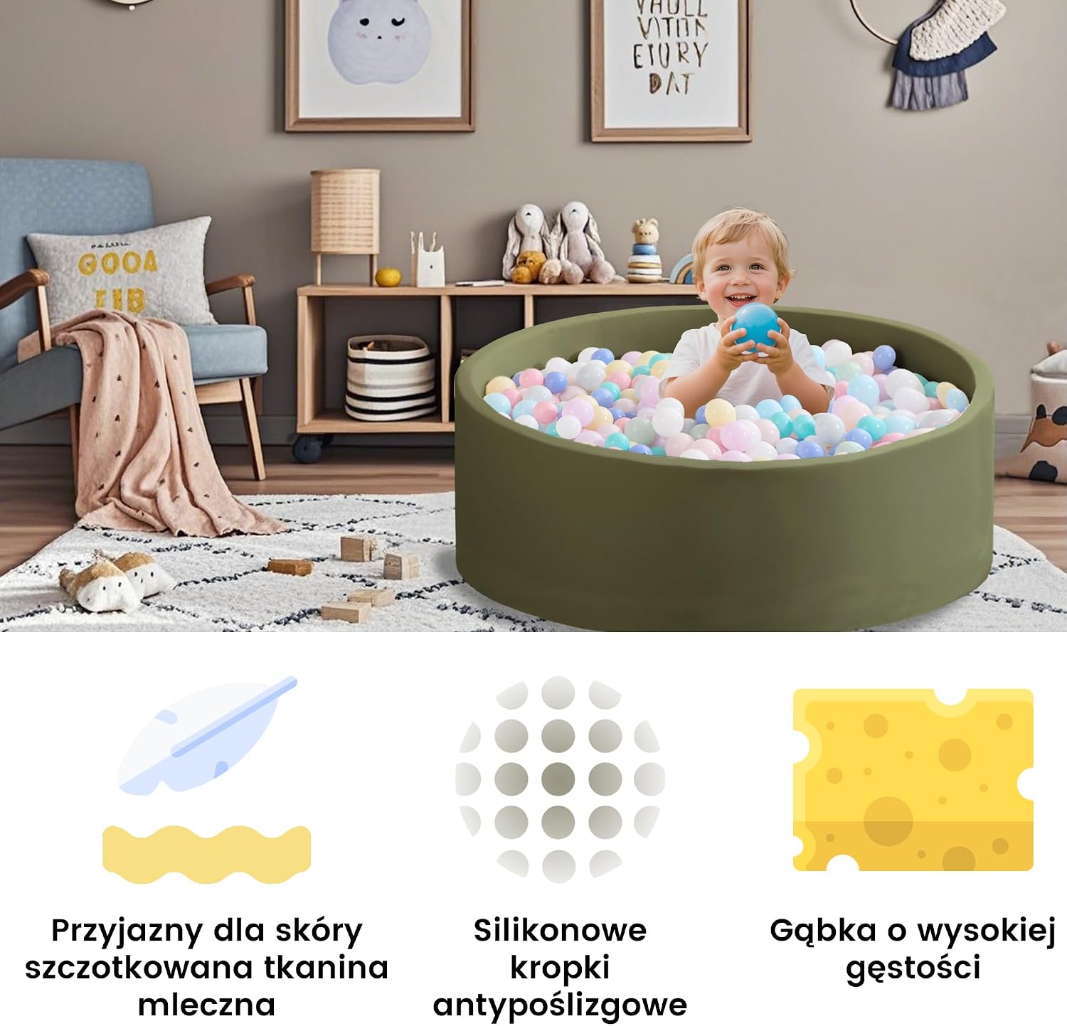 Detalle de Zedachica Bällebad Baby 90 x 30 cm Schaumstoff (Salbei grün), ohne Bälle – für drinnen und draußen ab 1 Jahr