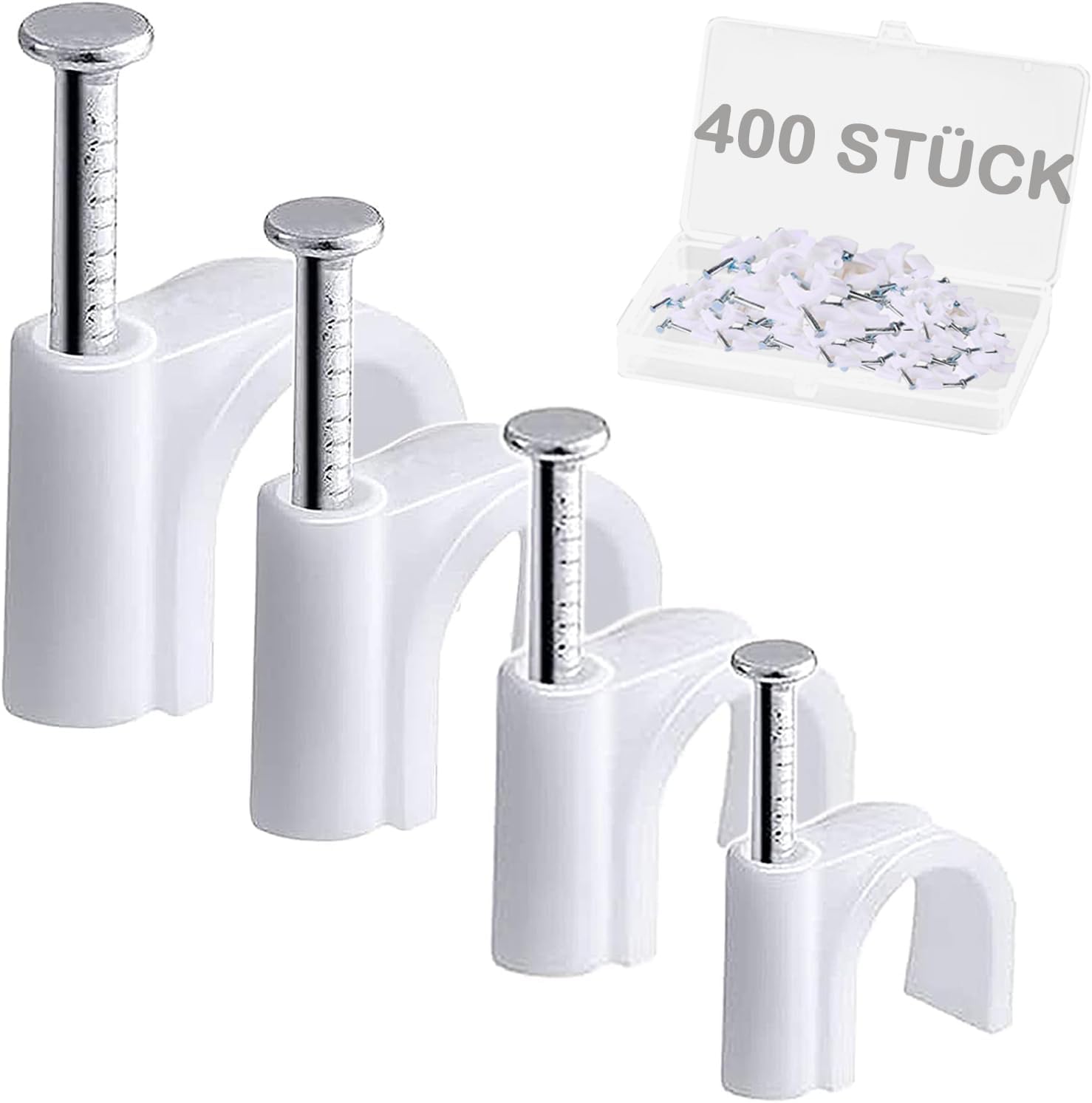 Dekukar 400 Stück Kabelnagelclips in Weiß – 4 Größen (4/6/8/10 mm) für Rundnägel, saubere Kabelmontage