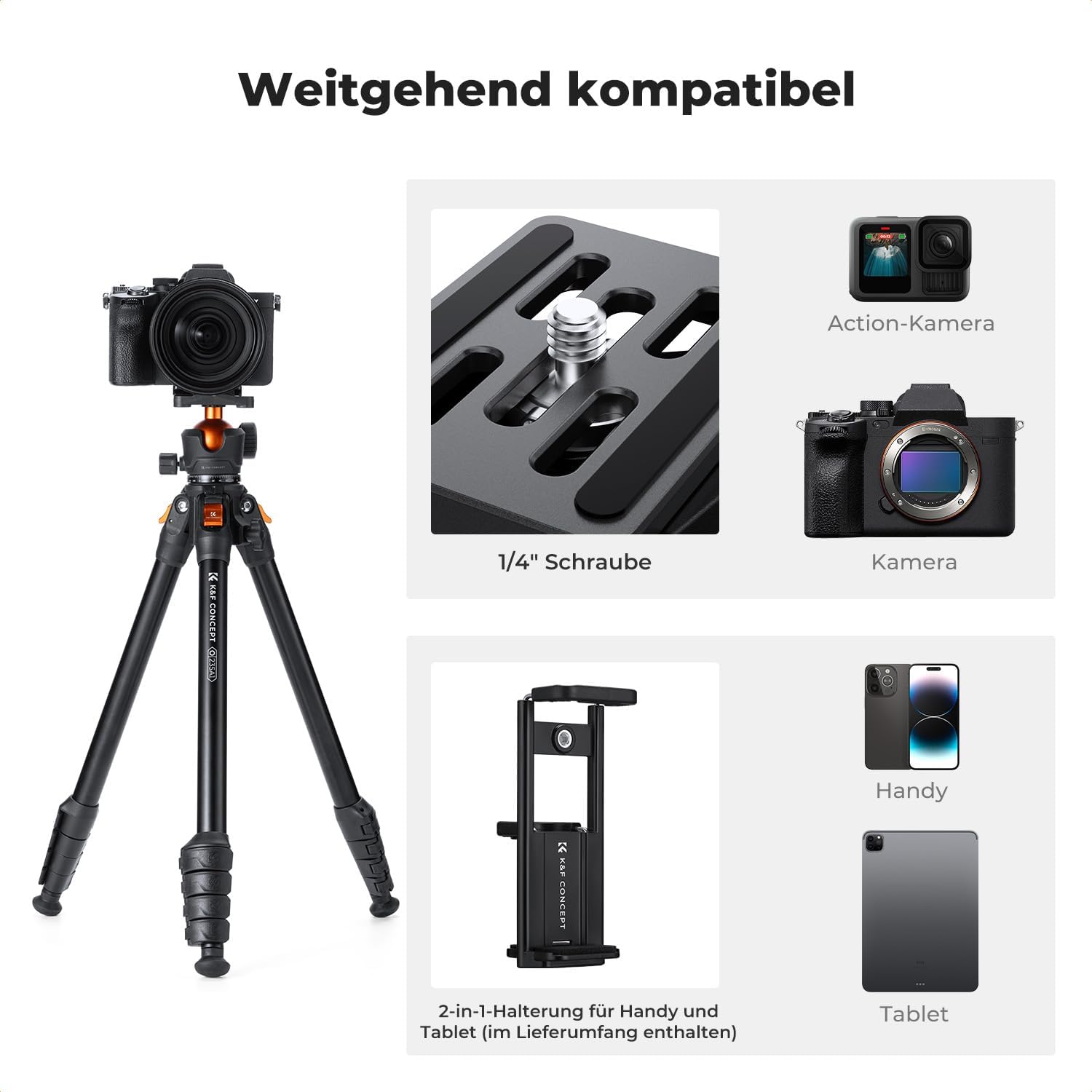 Thumbnail 6 de K&F CONCEPT 163CM Reisestativ mit Kugelkopf – Aluminium-Triphod für DSLR & Smartphone