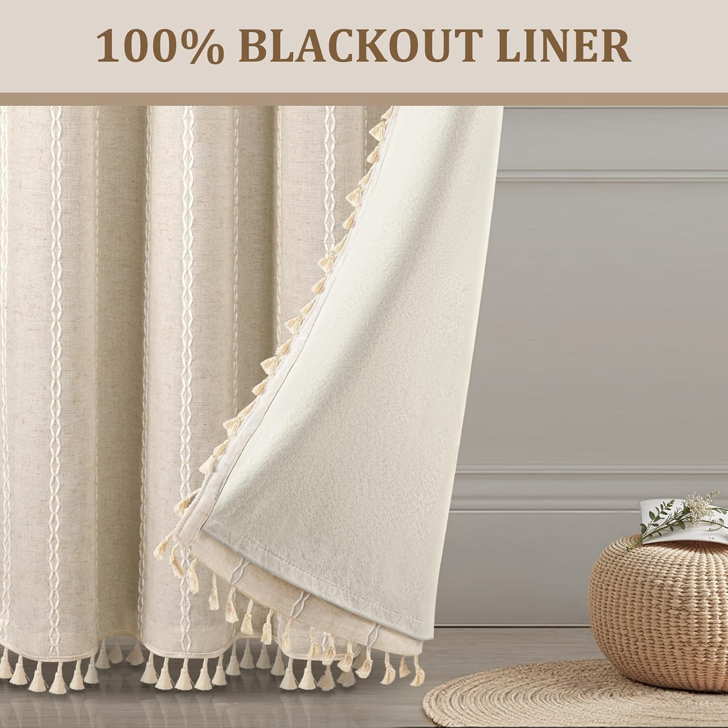 Detalle 2 de XOGUIBO Boho Blackout Curtains (2 Panels, 84 Inch) Beige Linen Texture with Tassels