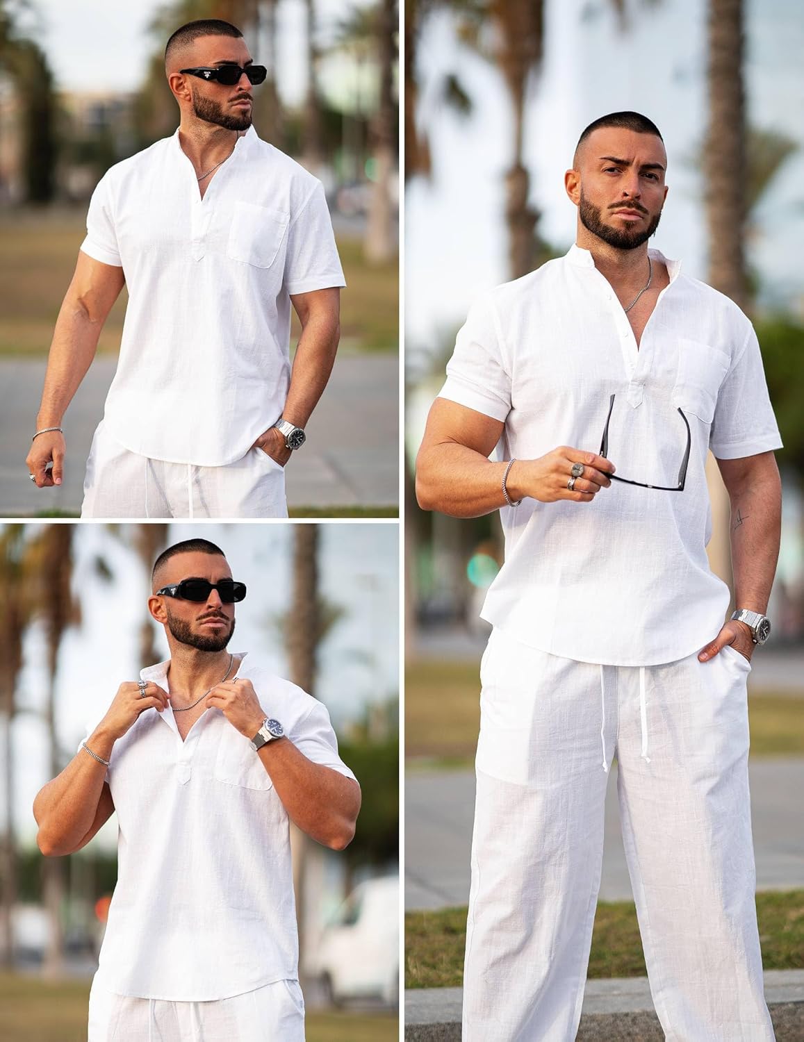 Thumbnail 2 de COOFANDY Men's 2-Piece Cotton Linen Set: Short Sleeve Henley & Beach Yoga Pants