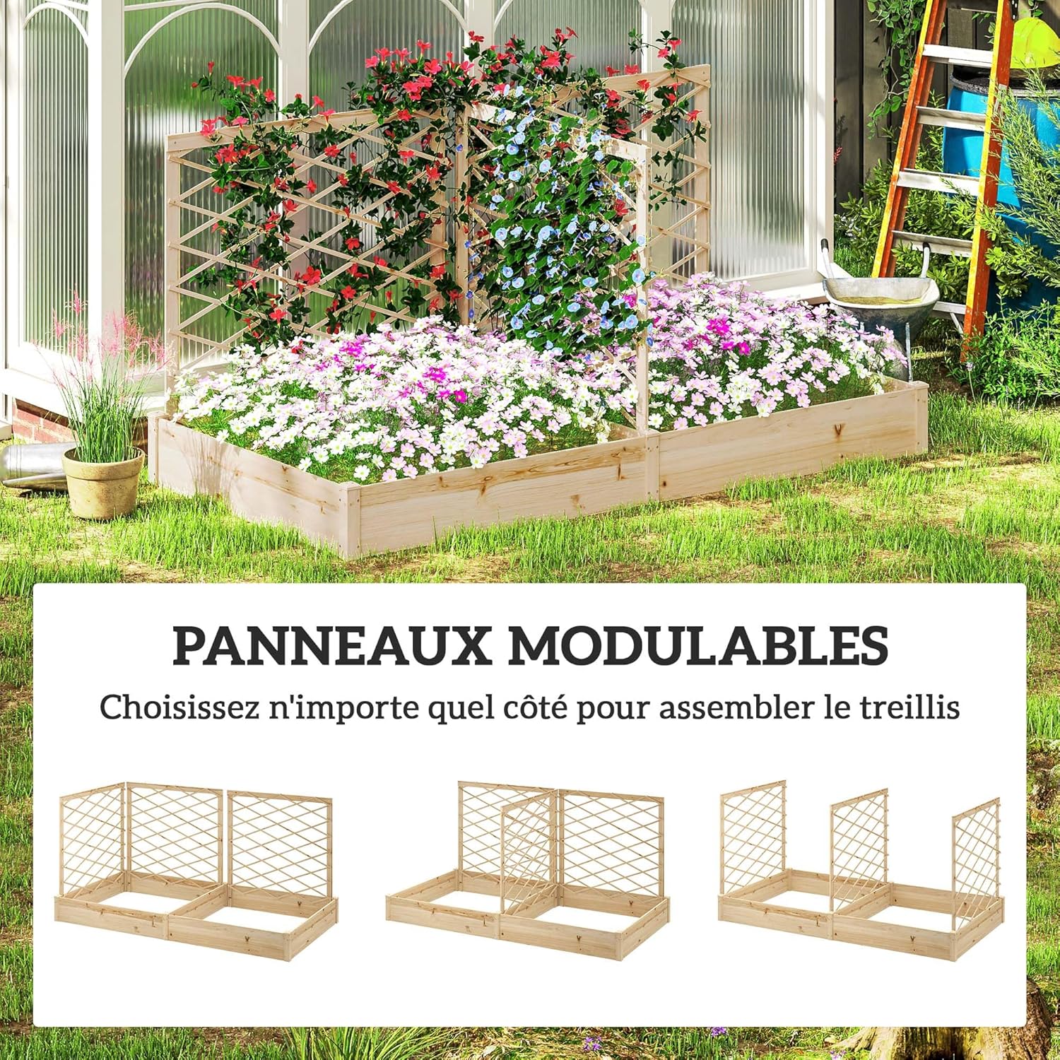 Thumbnail 3 de Outsunny Jardinière surélevée avec 3 treillis modulables et 2 bacs à planter, bois naturel verni (222 x 114 x 109 cm)