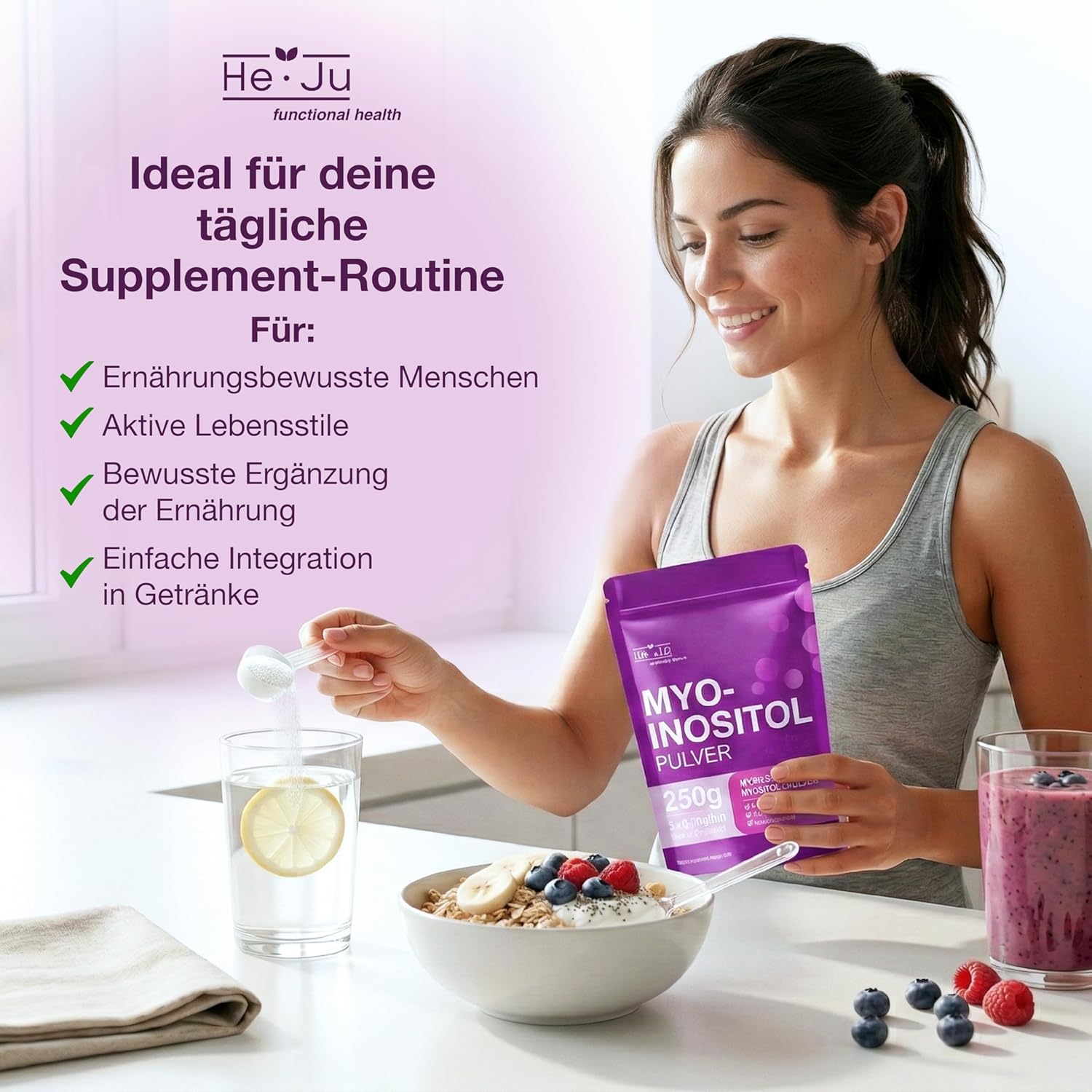 Thumbnail 1 de Myo-Inositol Pulver 250 g (100% reines Myo-Inositol) – 4.000 mg pro Portion, vegan & geschmacksneutral inkl. Dosierlöffel