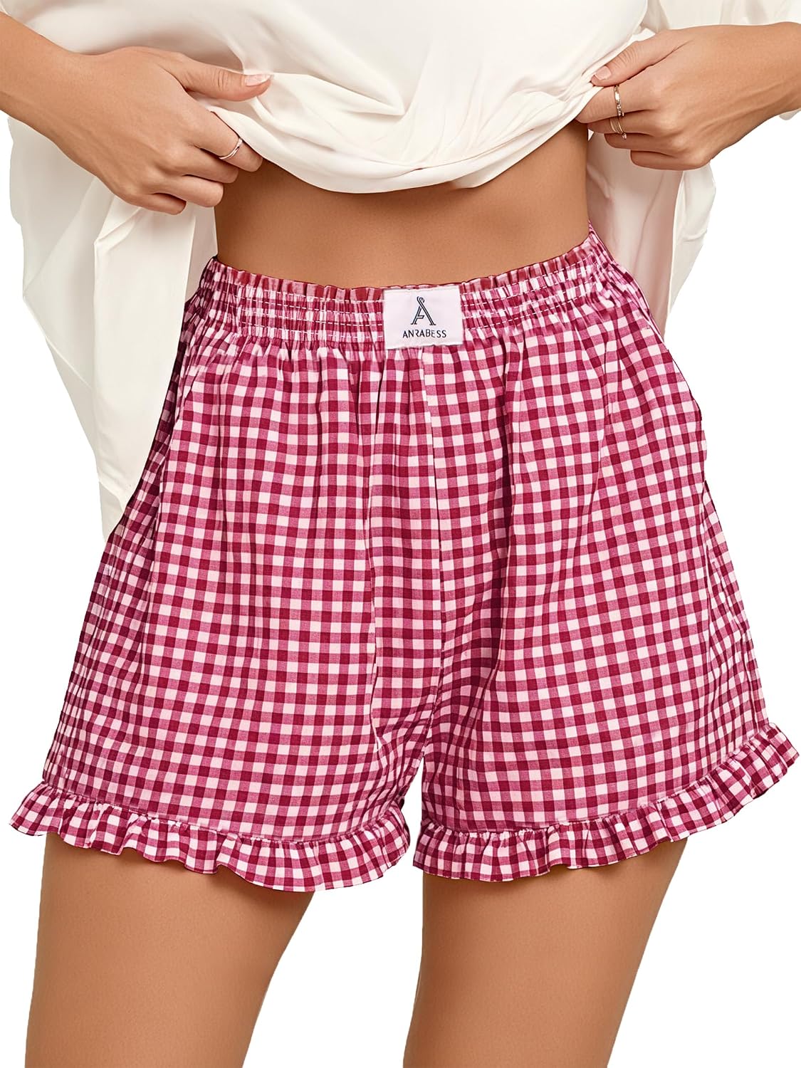Detalle de ANRABESS Women’s Gingham Plaid Boxer Shorts with Elastic Waist Ruffle (Rayon)