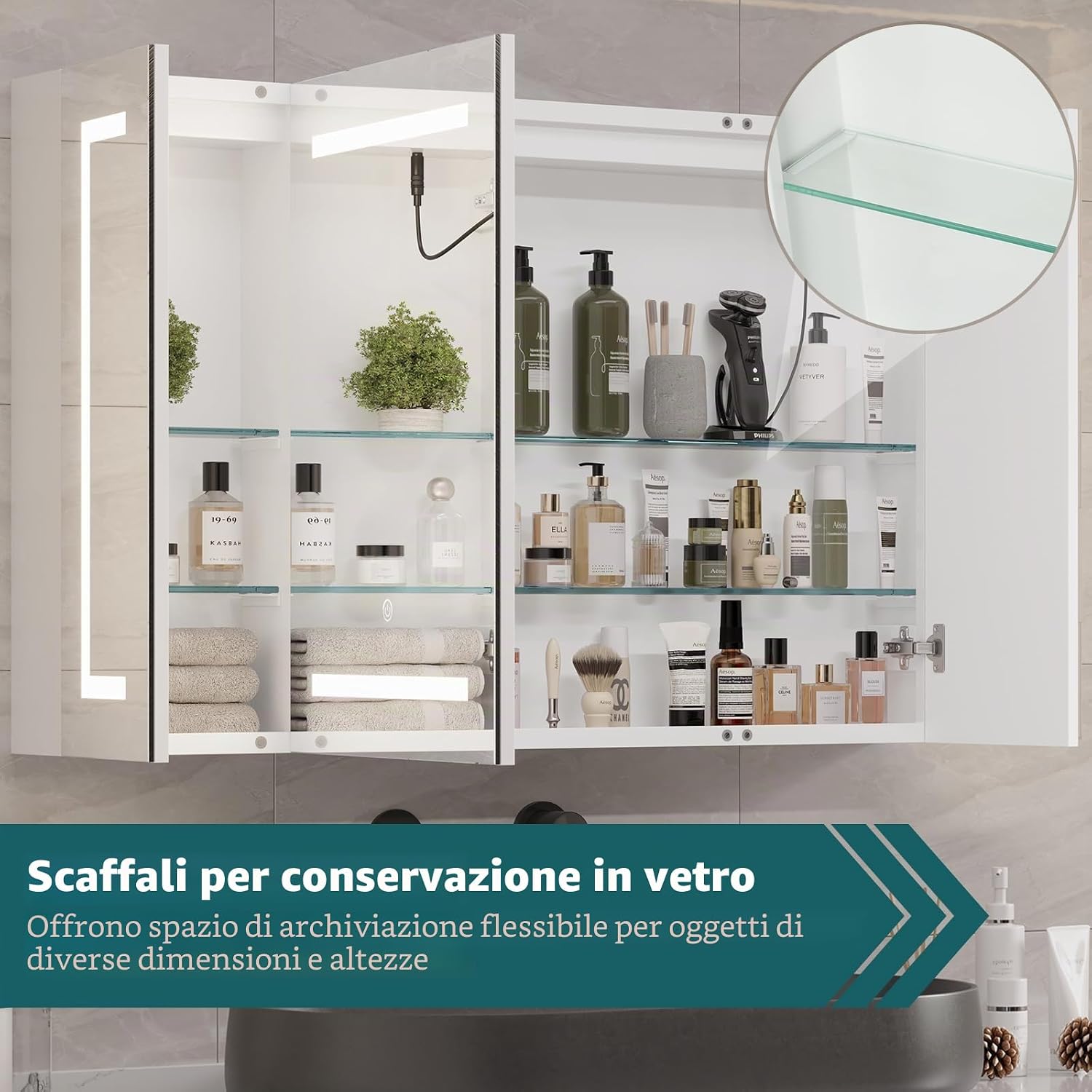 Thumbnail 6 de DICTAC Specchio Bagno Contenitore con Luce e Presa, 100x60x13,5 cm – Armadietto a Specchio con Illuminazione LED