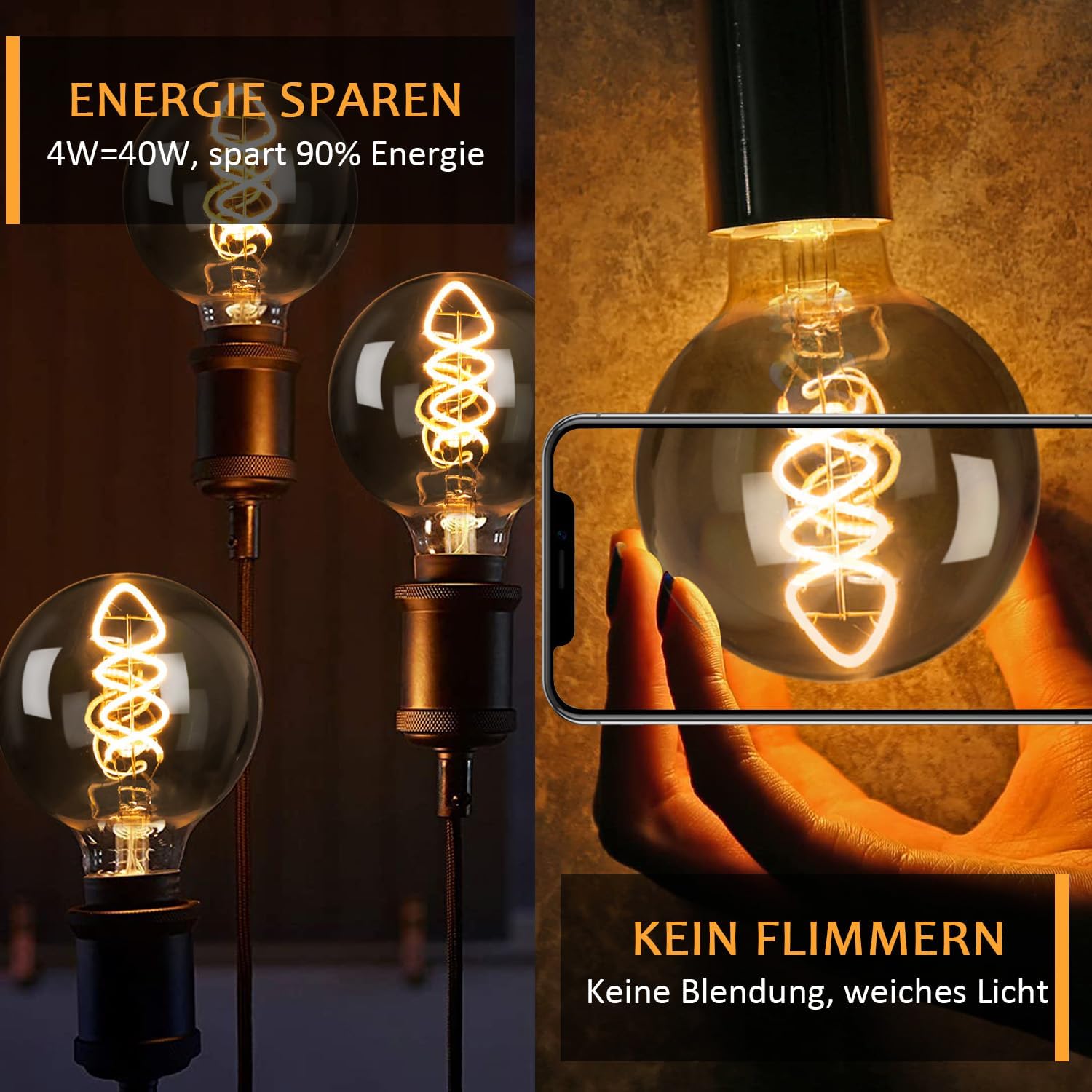Detalle de Edison Vintage LED E27 Glühbirne 4W – Dimmbare Filamentlampe im Rauchglas, warmweiß, 6er Pack