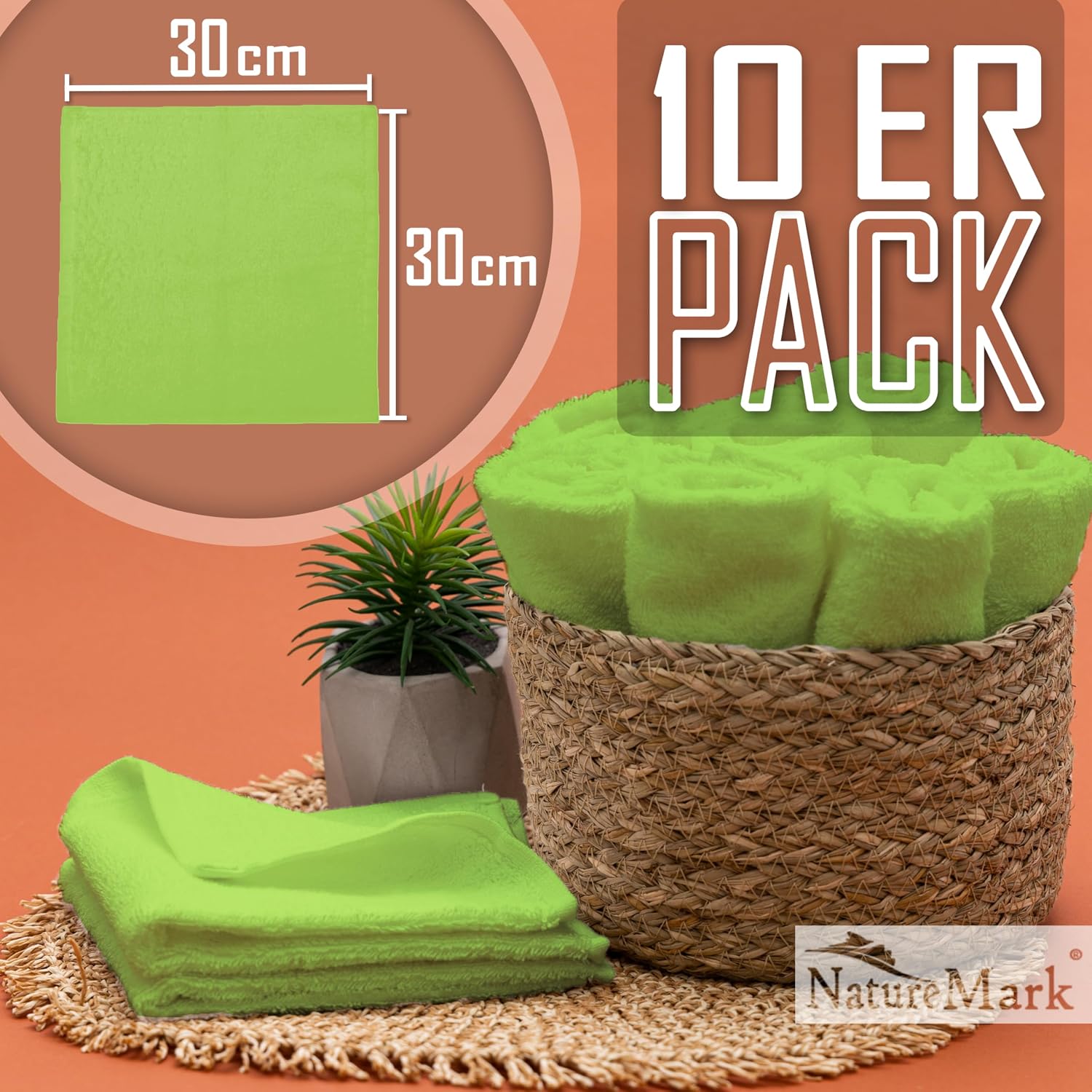 Detalle 2 de NatureMark NM-TWL-500-AG-33 washandjes, 10 stuks, 100% katoen, appelgroen