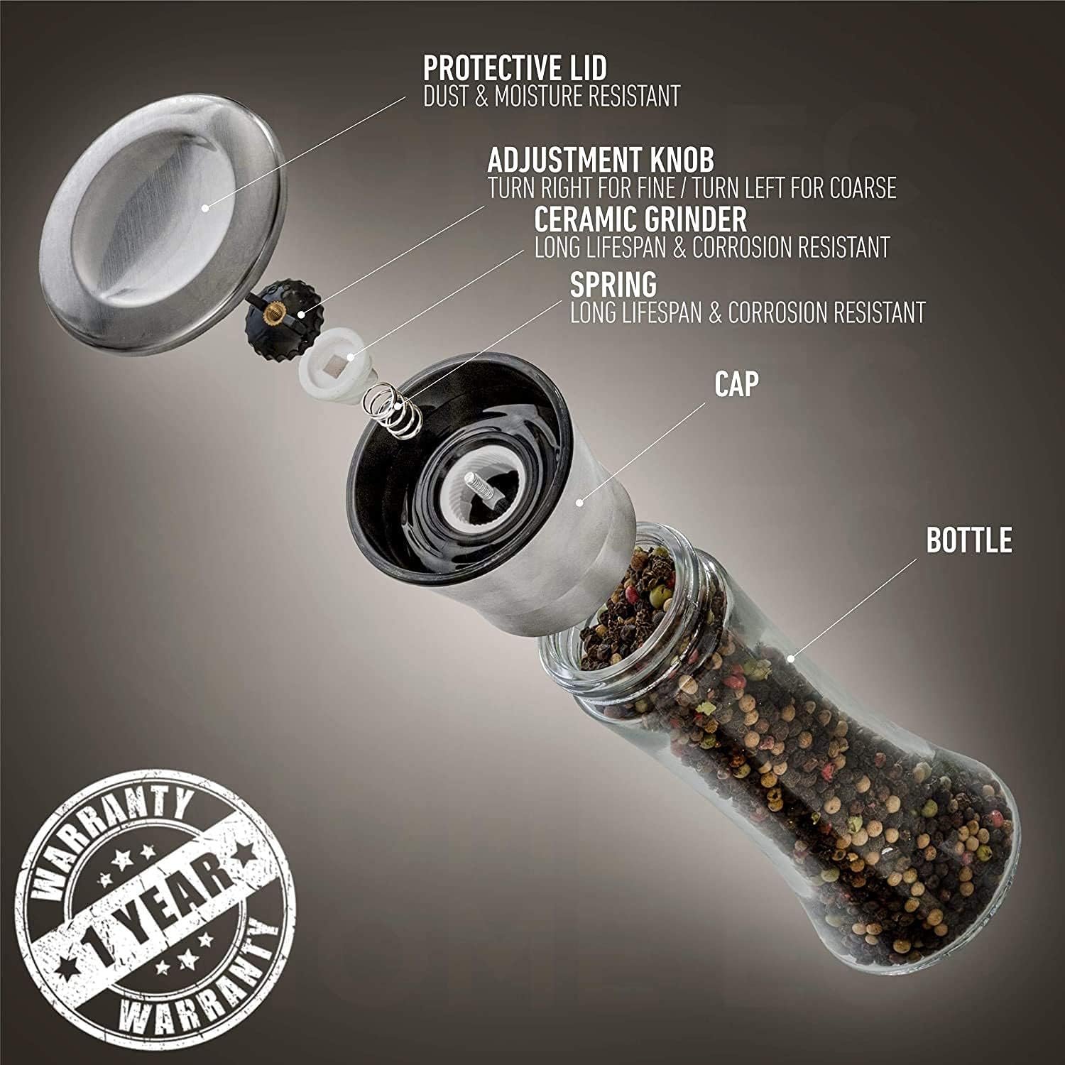 Detalle de HOME EC Original Stainless Steel Salt or Pepper Grinder — Tall Glass, Adjustable Ceramic Grinder