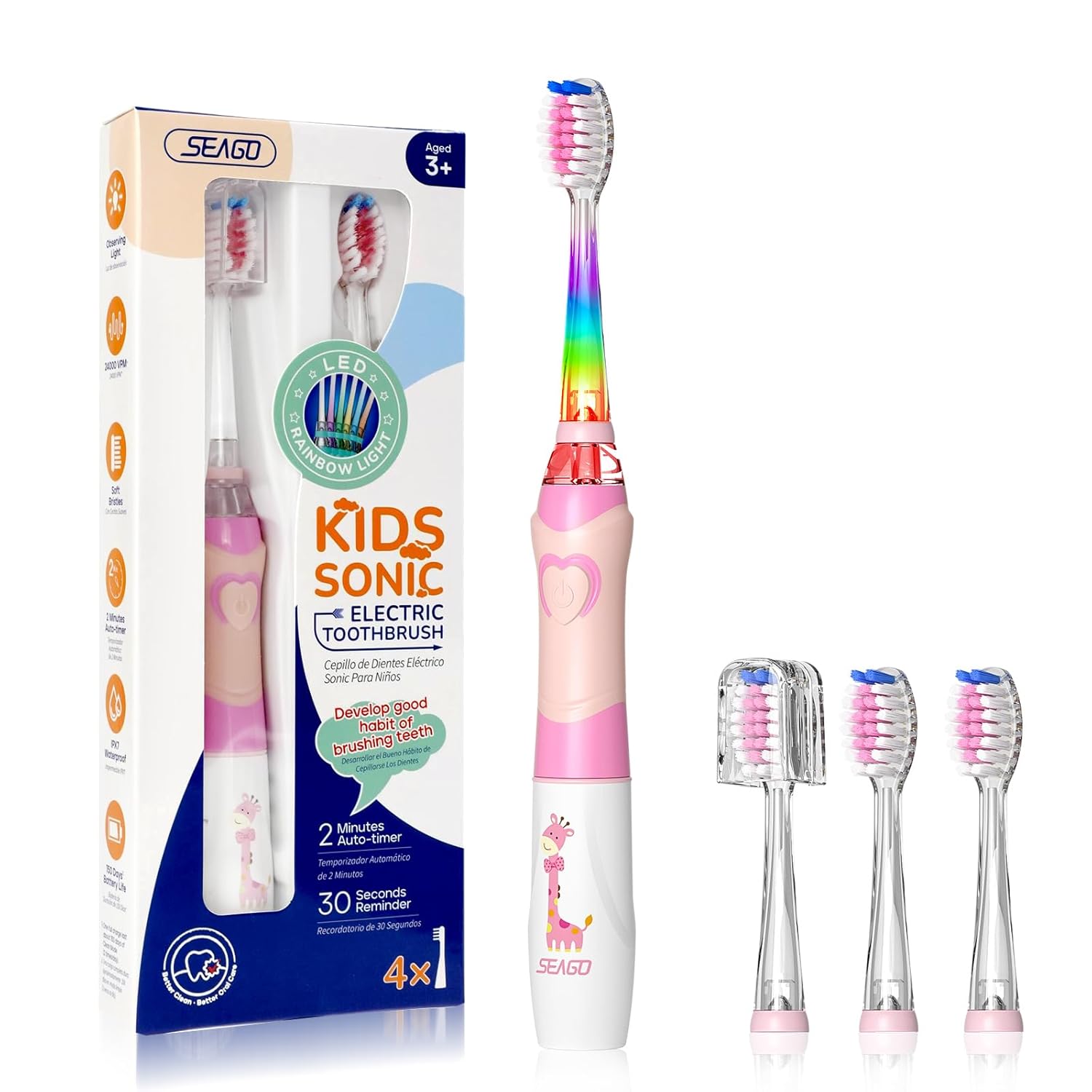 SEAGO SG977 Kids Electric Toothbrush (Ages 3+), Soft Bristles, Timer, IPX7 Waterproof