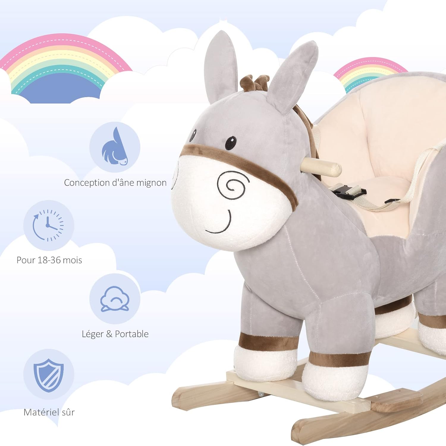 Thumbnail 3 de HOMCOM Cheval à Bascule Âne Peluche Gris