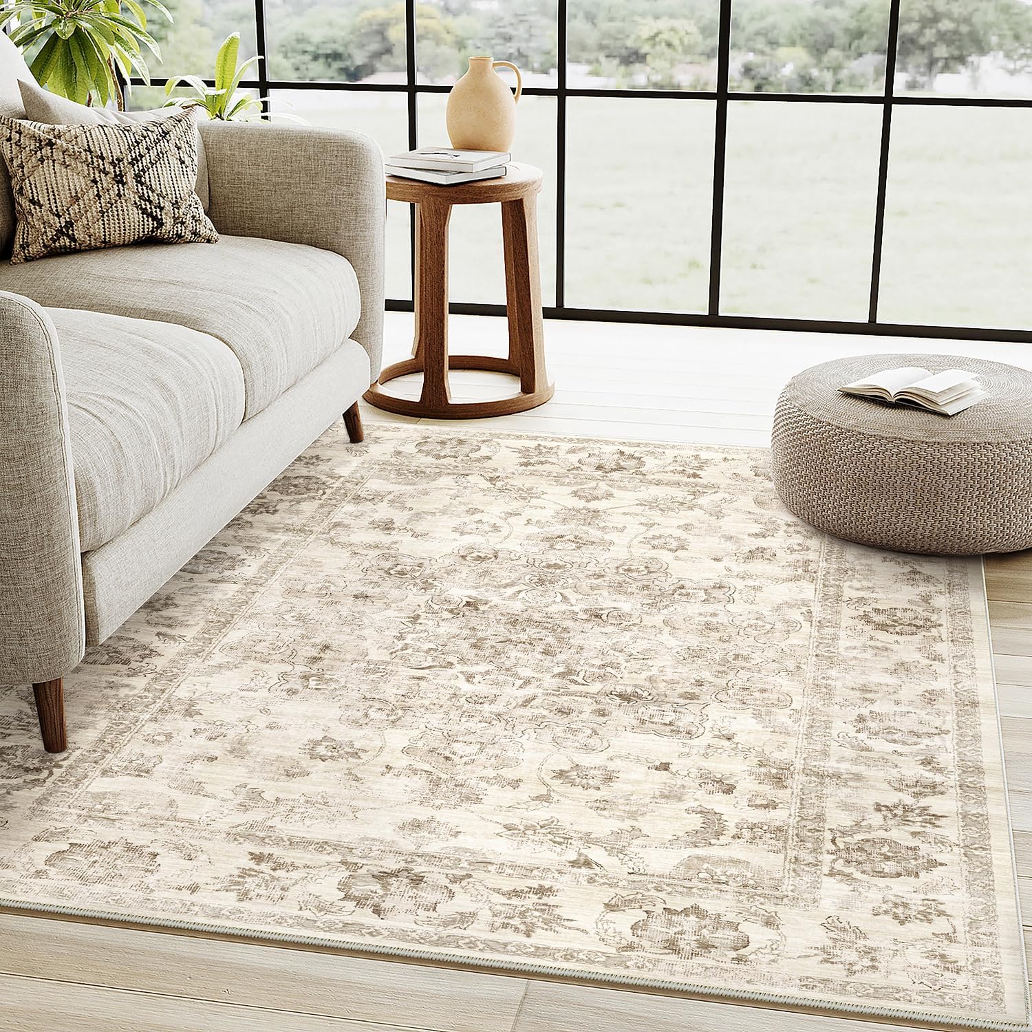 Detalle de HUGEAR Vintage Beige waschbarer Teppich für Wohnzimmer & Schlafzimmer (120x170 cm) – Retro Kurzflor mit rutschfester TPR-Rückseite