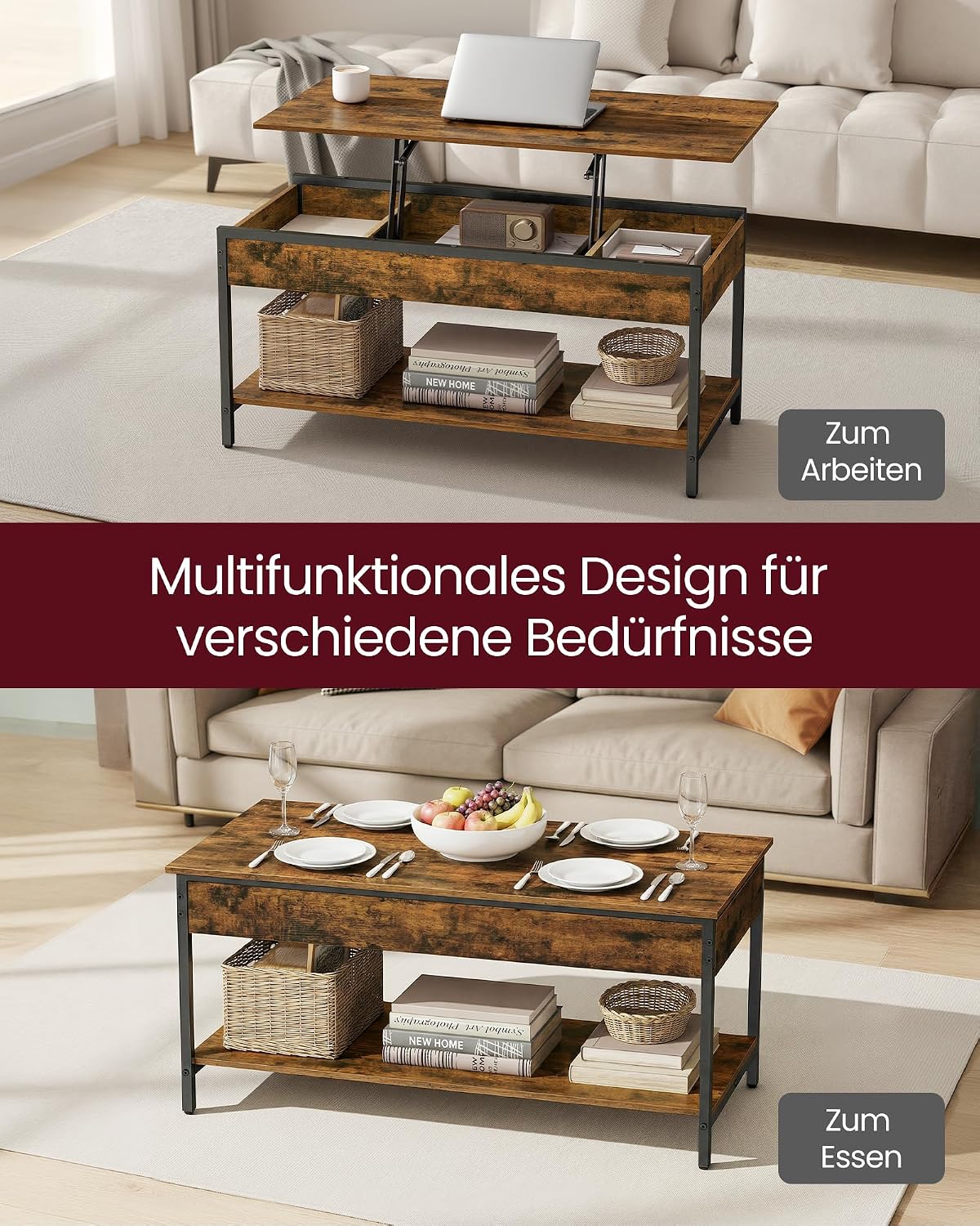 Thumbnail 3 de VASAGLE Couchtisch LCT261KD02 – höhenverstellbarer Kaffeetisch mit offenen und versteckten Fächern, 50 x 100 cm, vintagebraun-tintenschwarz