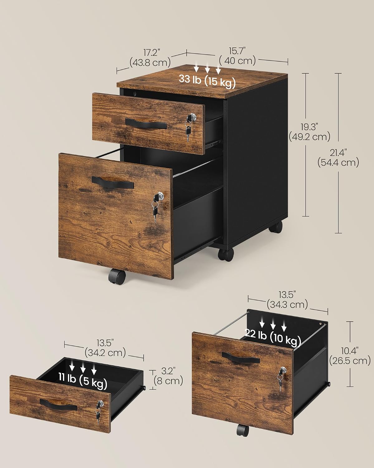 Detalle de VASAGLE LCD022K01 Mobile File Cabinet, 2 Lockable Drawers, 5 Wheels
