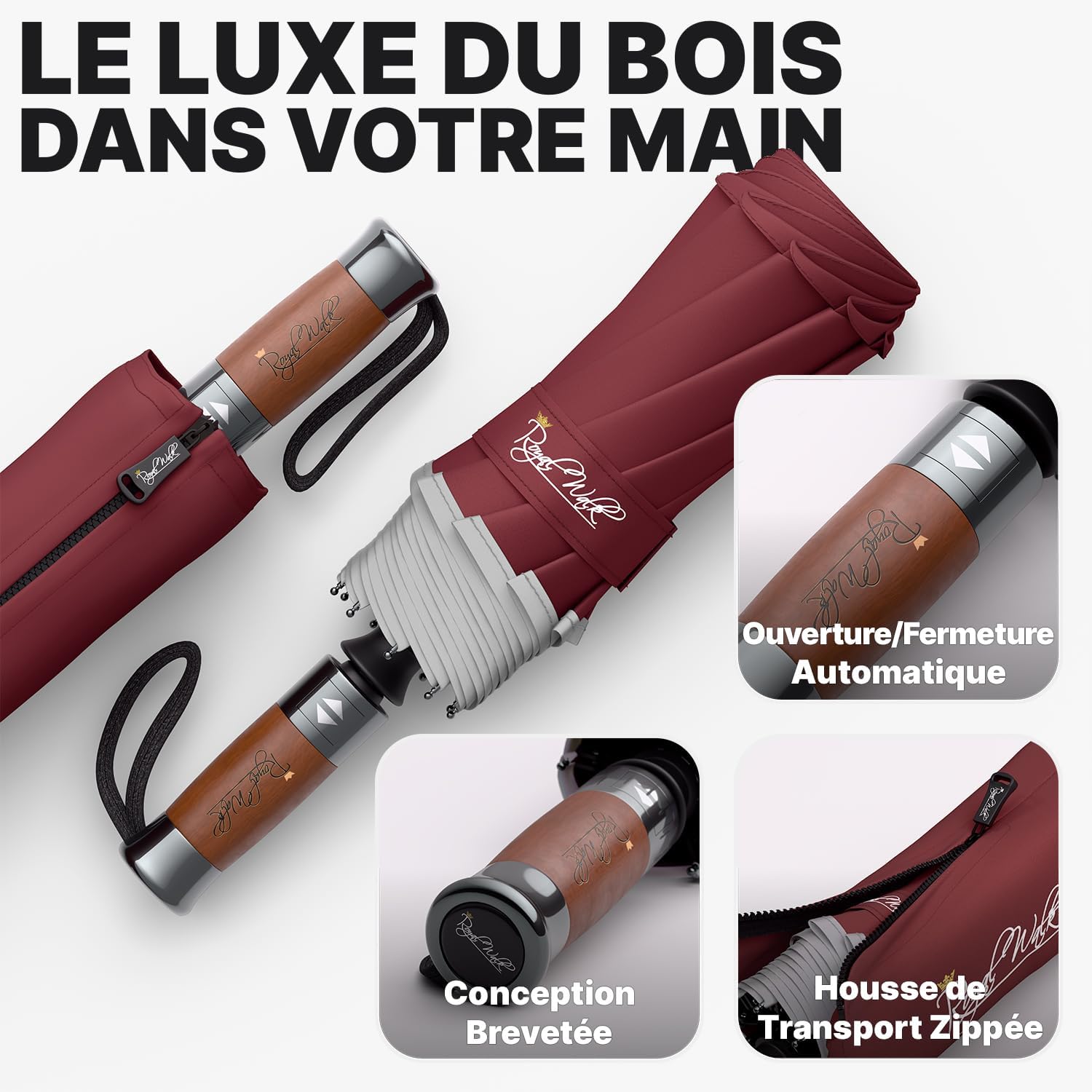 Thumbnail 2 de Royal Walk Parapluie de voyage pliable coupe-vent double auvent ventilé, manche bois véritable, rouge