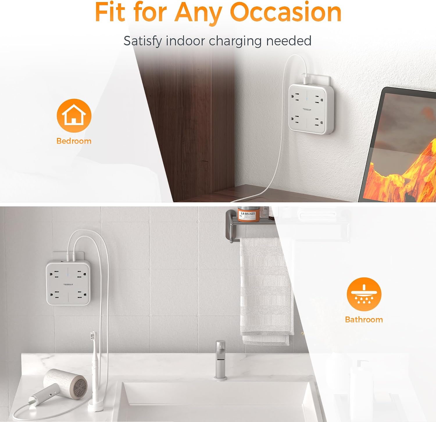 Detalle 2 de TESSAN TS-WM102-2C Wall Outlet Extender, 4 AC Outlets, 2 USB-C