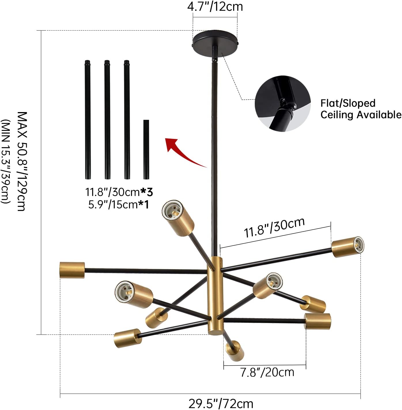 Detalle 1 de RUIYEY 606267276310 10-Light Black and Gold Sputnik Chandelier
