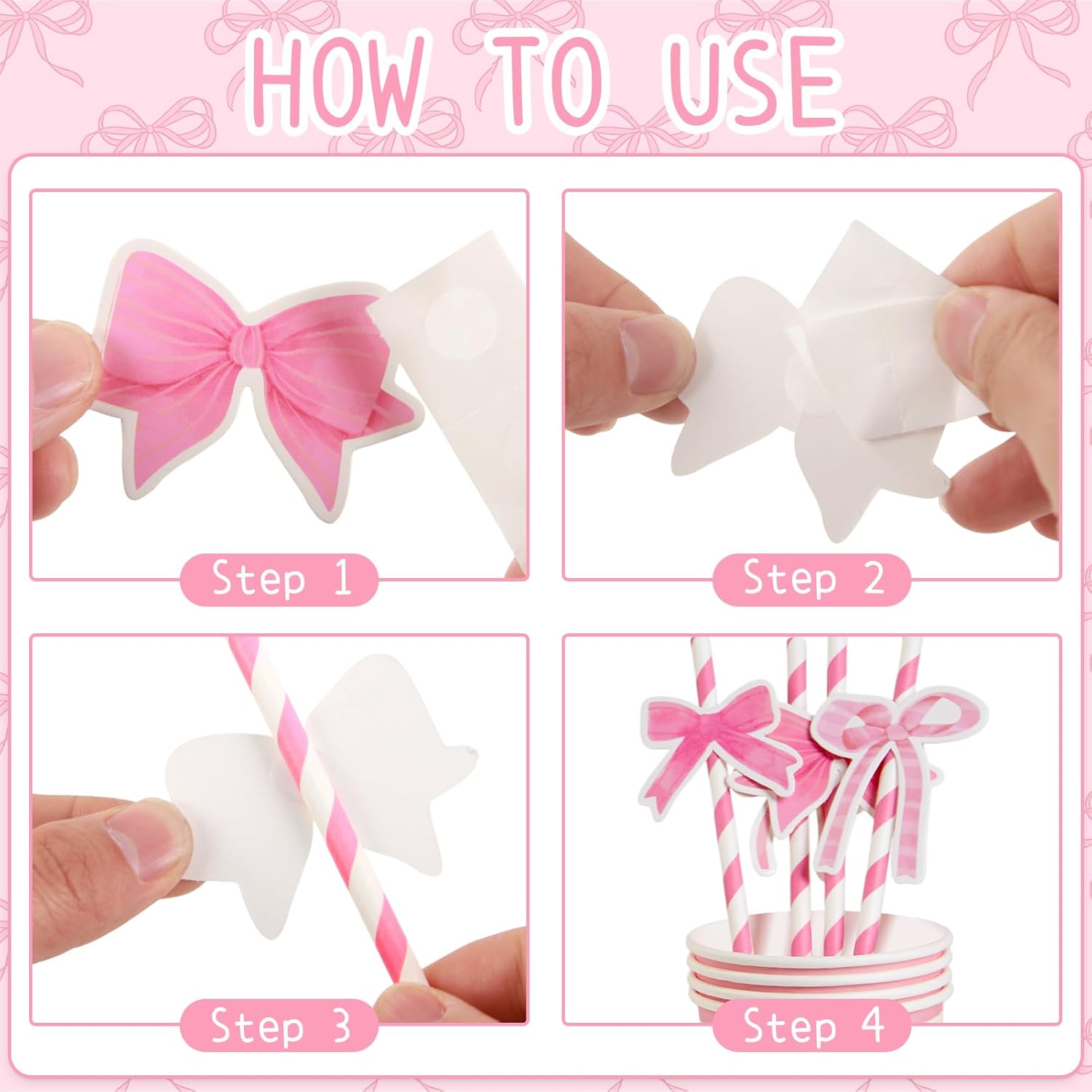 Thumbnail 2 de SUNBEAUTY 80-Piece Pink Bow party tableware set (9 inch plates, cups, napkins) for 16 guests