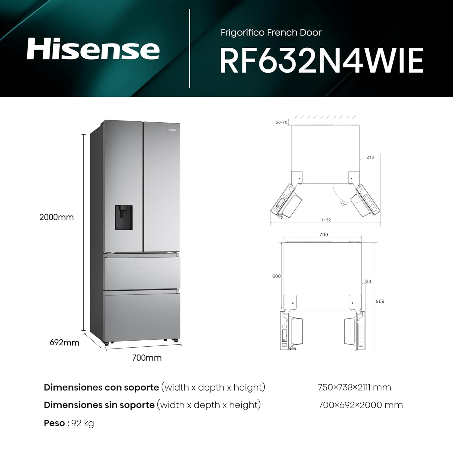 Thumbnail 1 de Hisense RF632N4WIE - Frigorífico Combi No Frost Inox 🍾