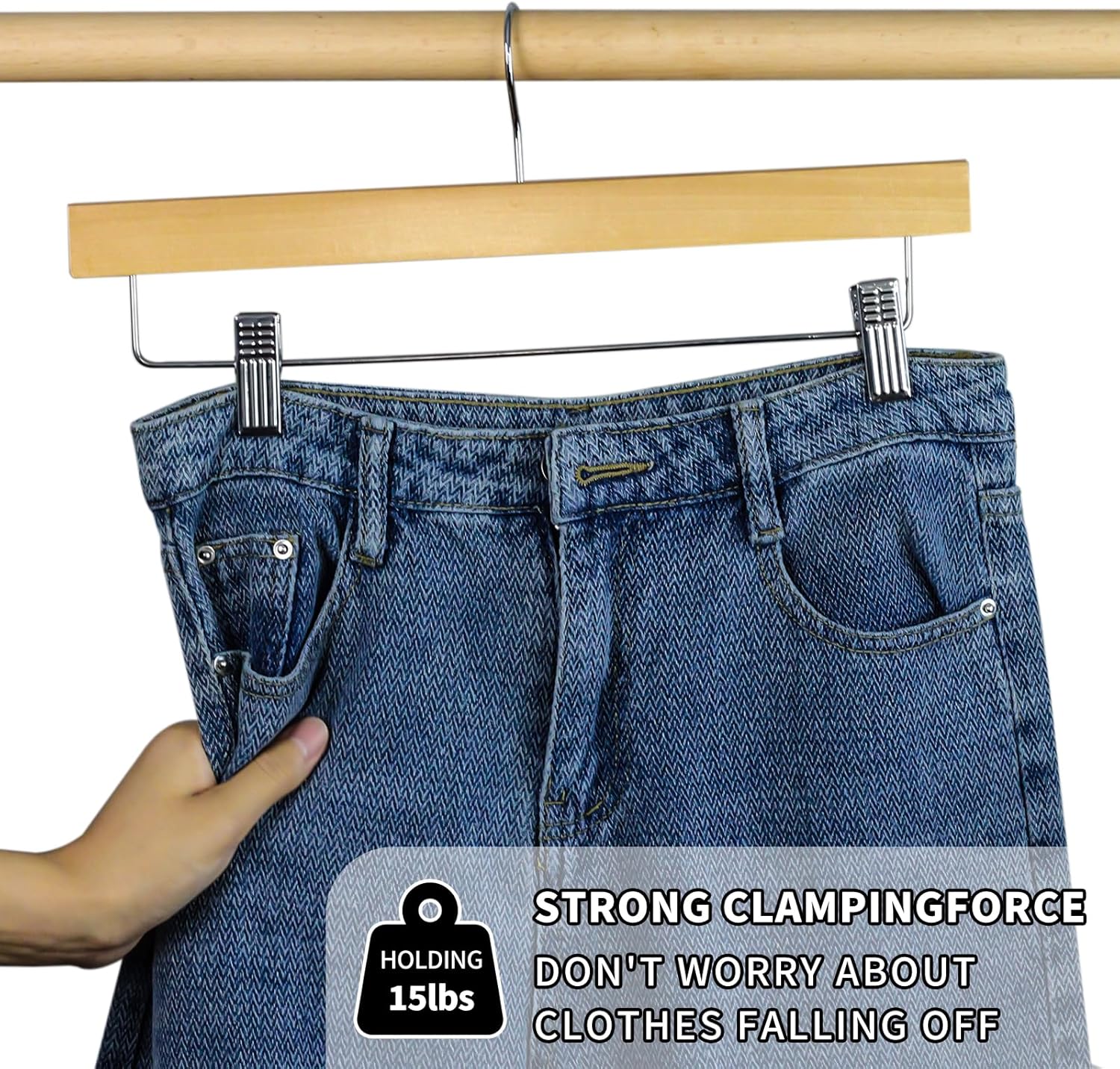 Detalle de LANSHINE 35,5 cm Hosenbügel aus Naturholz – 20er-Pack mit verstellbaren Anti-Rutsch-Clips
