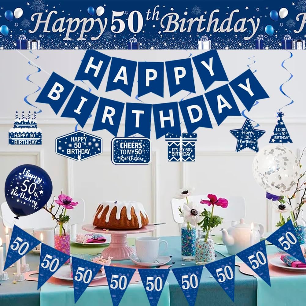 Detalle de Happy 50th Birthday Decorations for Him (Blue & Silver) – Banners, bunting, swirls, balloons & confetti set