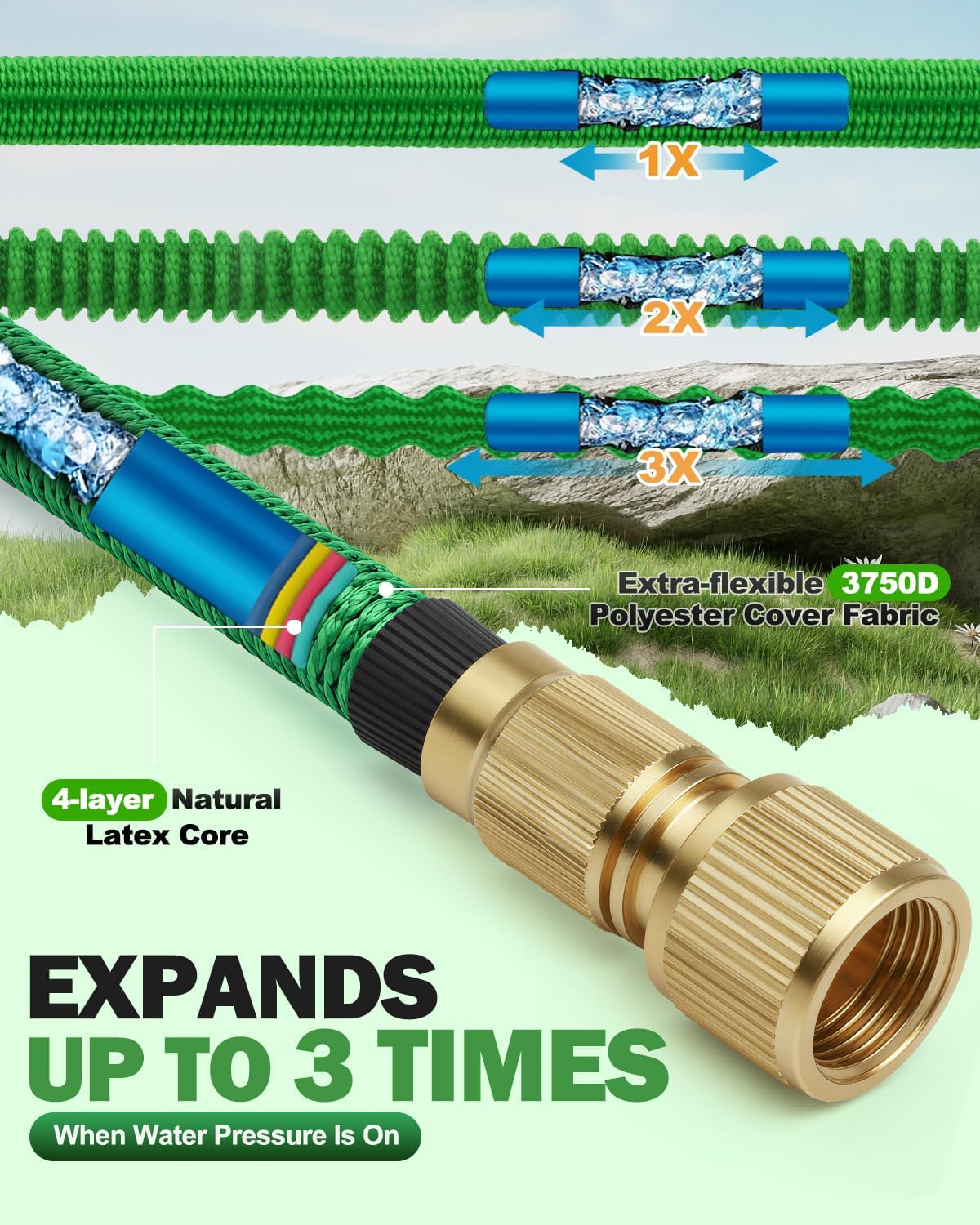 Detalle de 150FT Expandable Garden Hose with 4-Layer Latex Core, 10-Function Nozzle and Copper-Plated Connectors (Green)