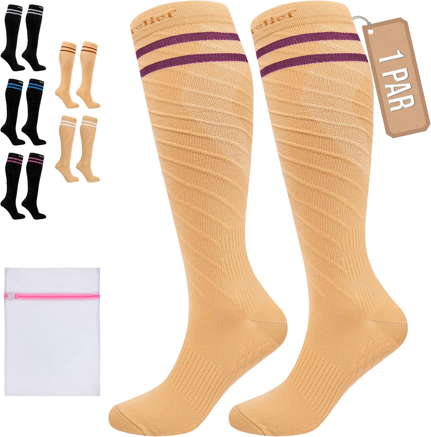 Thumbnail 6 de 360 Relief medias de compresión 15–20 mmHg (1 par) para mujer y hombre, talla S/M beige con bolsa de malla