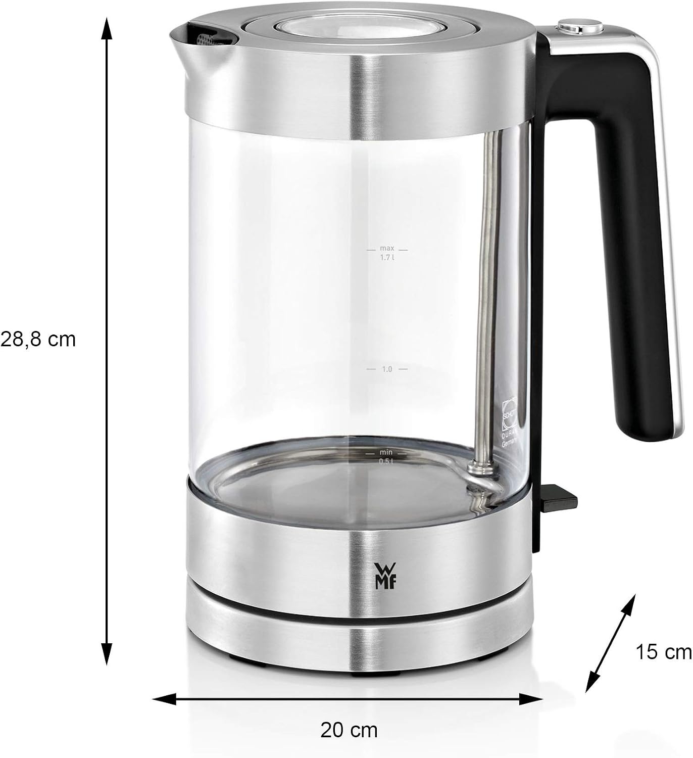 Detalle de WMF Lono Glas-Wasserkocher mit Kalkfilter (1,7 Liter, 3000 Watt) – kabellos, mattierter Edelstahl