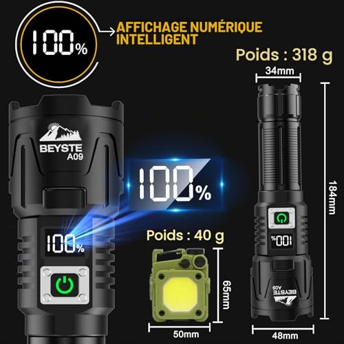 Detalle de BEYSTE Lampe Torche LED Ultra Puissante A09 : 1 000 000 LM, 50W, portée jusqu’à 1 520 m
