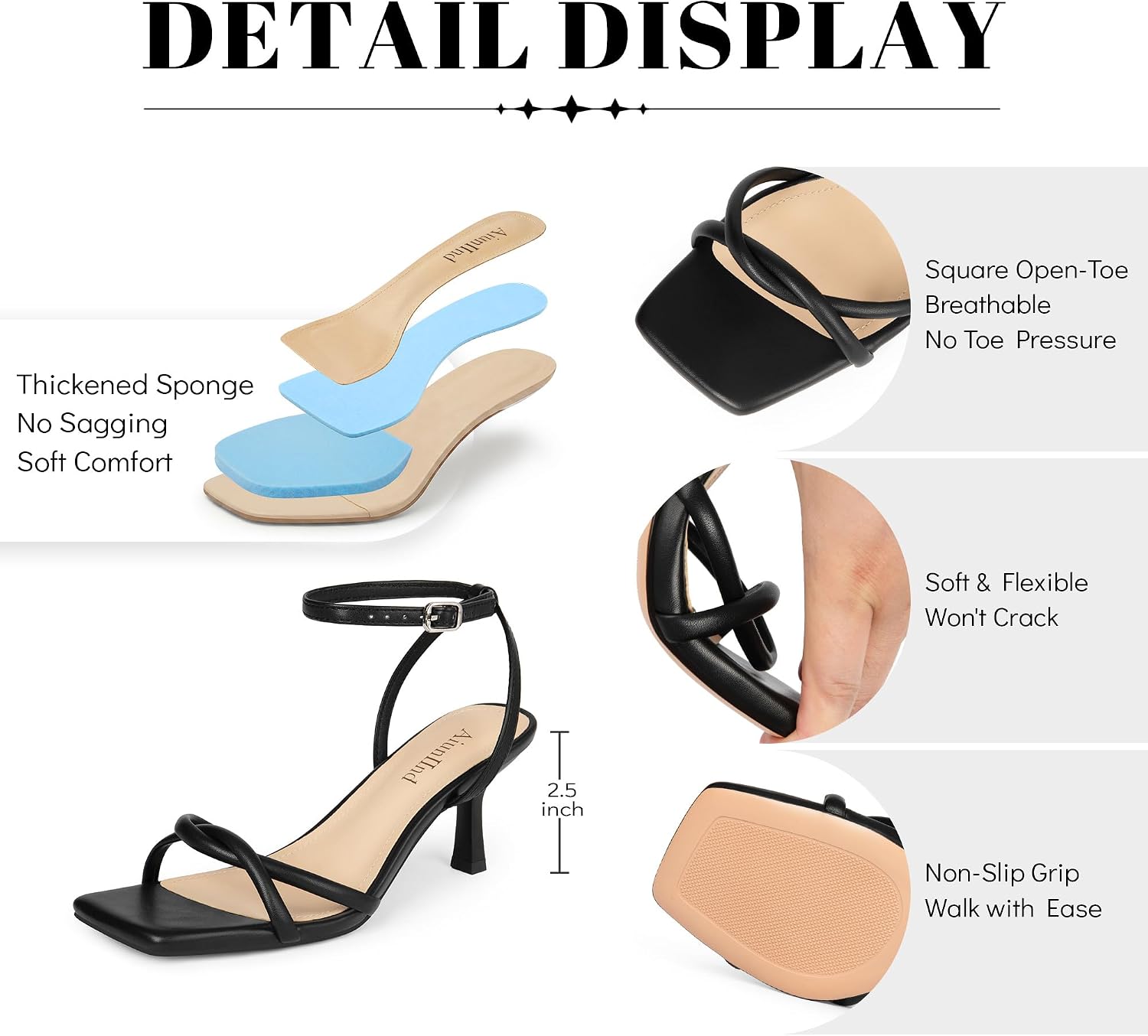 Detalle 2 de AIUNIIND Kitten Heel Sandals, 2.5-Inch Square-Toe Strappy Design