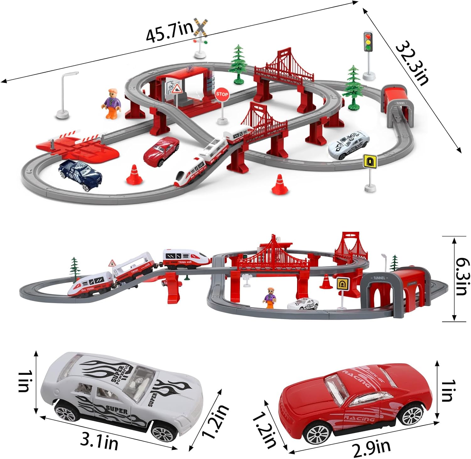 Detalle 2 de XIAPIA 104-piece electric train set with magnetic track pieces, tunnel/bridge and police-theme vehicles (age 3+)