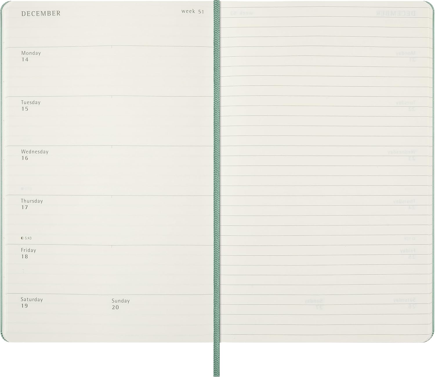 Detalle 2 de Moleskine DHK812WN3Y27 weekplanner 2027, harde kaft, saliegroen, 13 x 21 cm