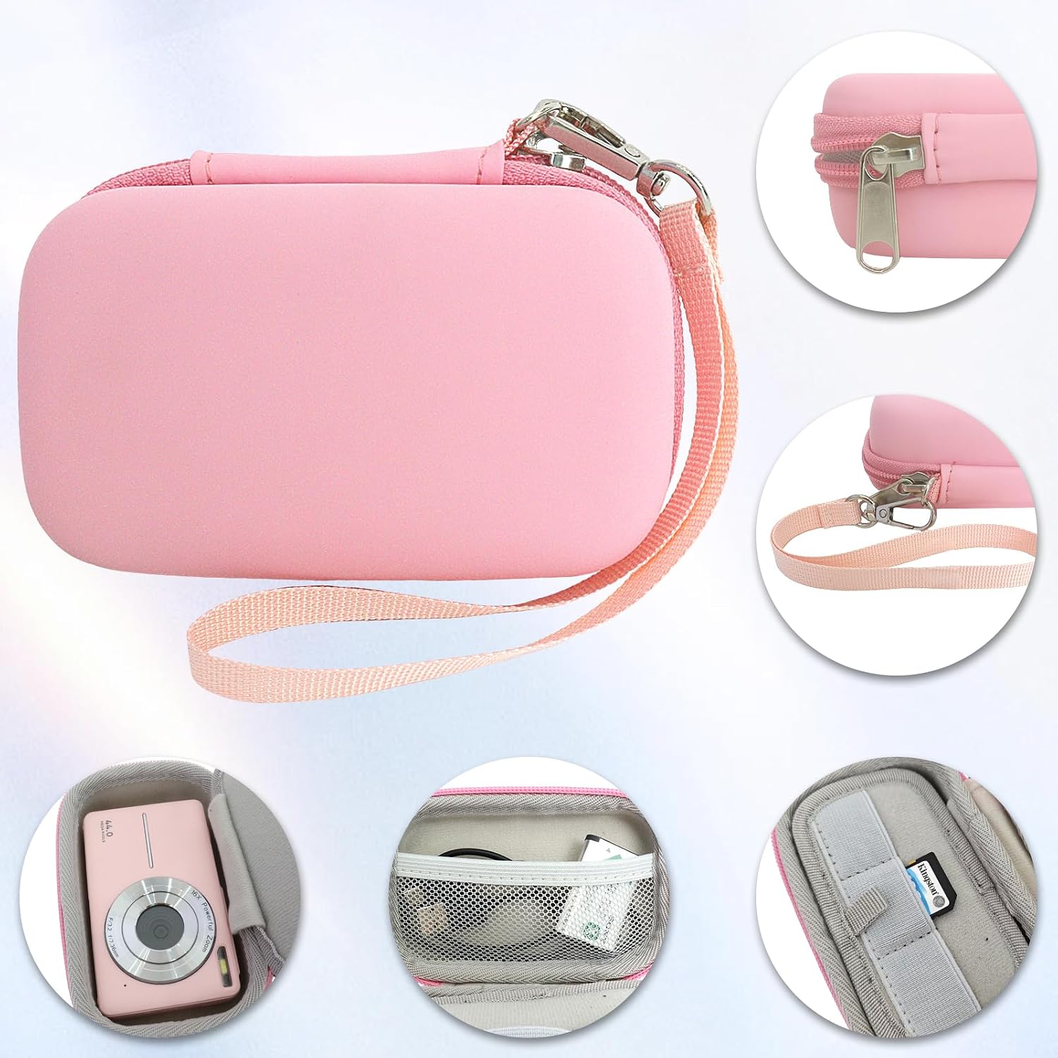 Detalle de Rieibi Pink Hard-Shell Camera Case for Camkory, Kodak PIXPRO FZ55/FZ45 and Canon IXUS 285 HS – Small EVA Pouch with Wrist Strap