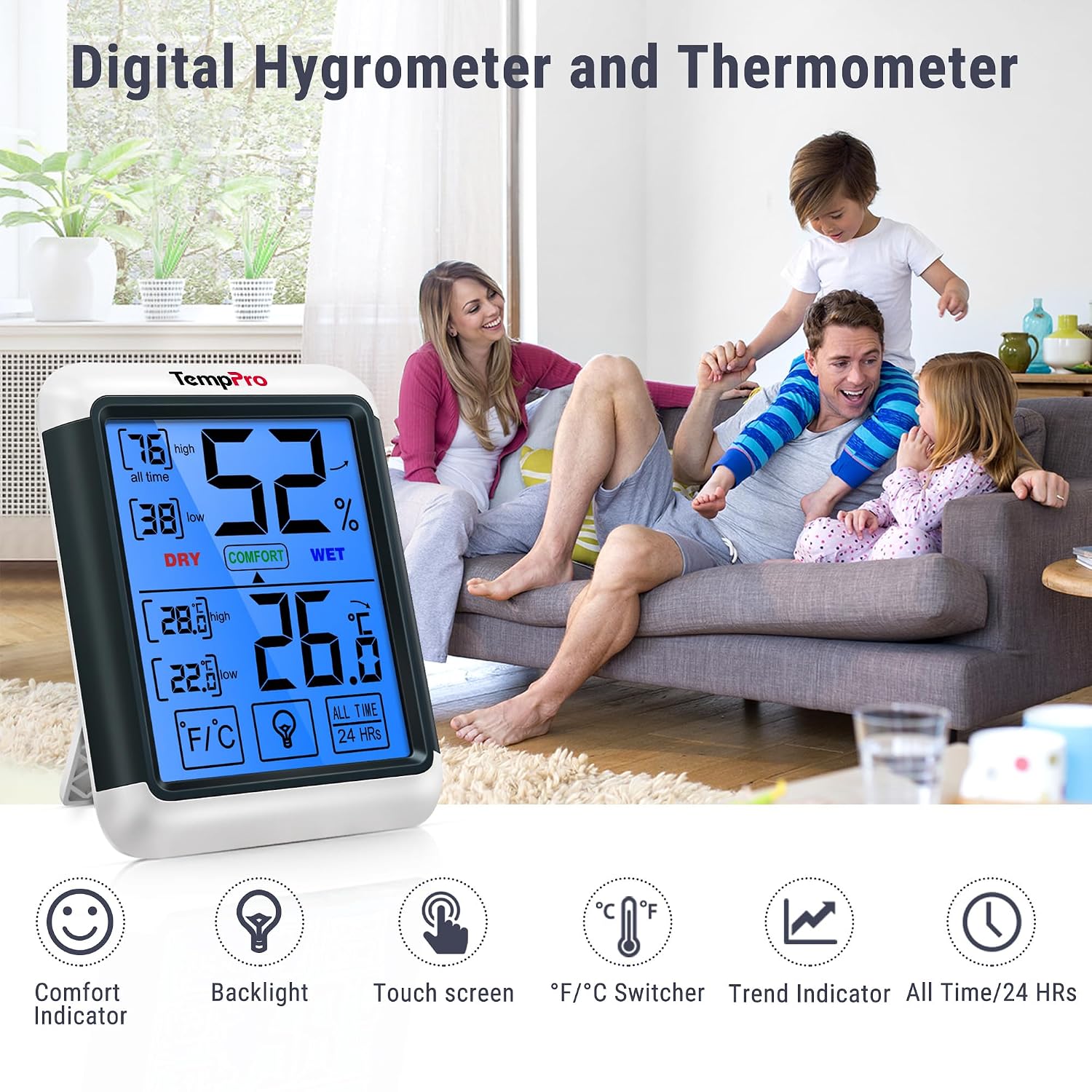 Thumbnail 2 de TempPro TP55-2 thermohygrometer met touchscreen en achtergrondverlichting, set van 2