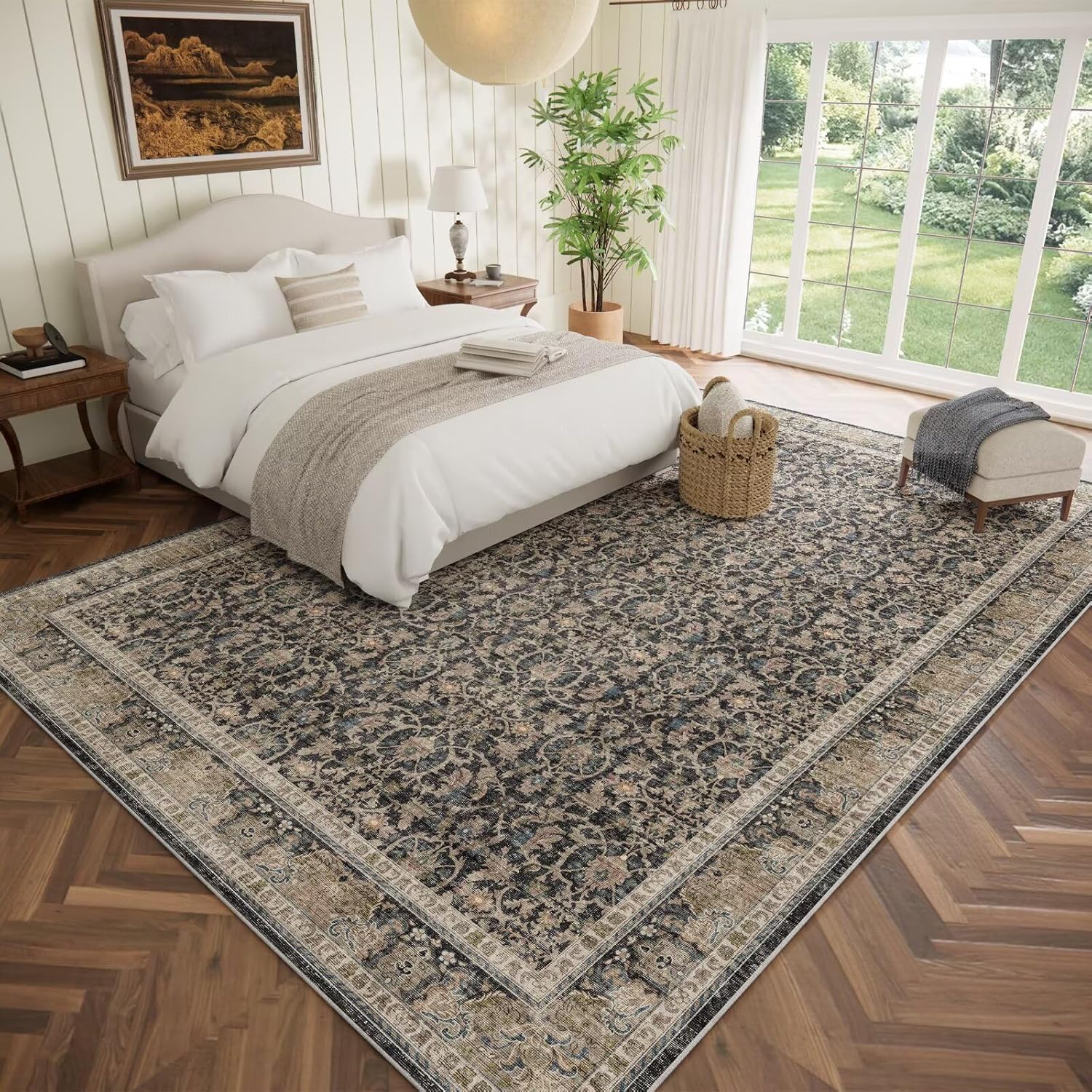 Thumbnail 1 de Washable 10x14 Area Rugs for Living Room, Boho Non-Slip Vintage Distress Rug (Neutral Oriental, Thin 0.3")