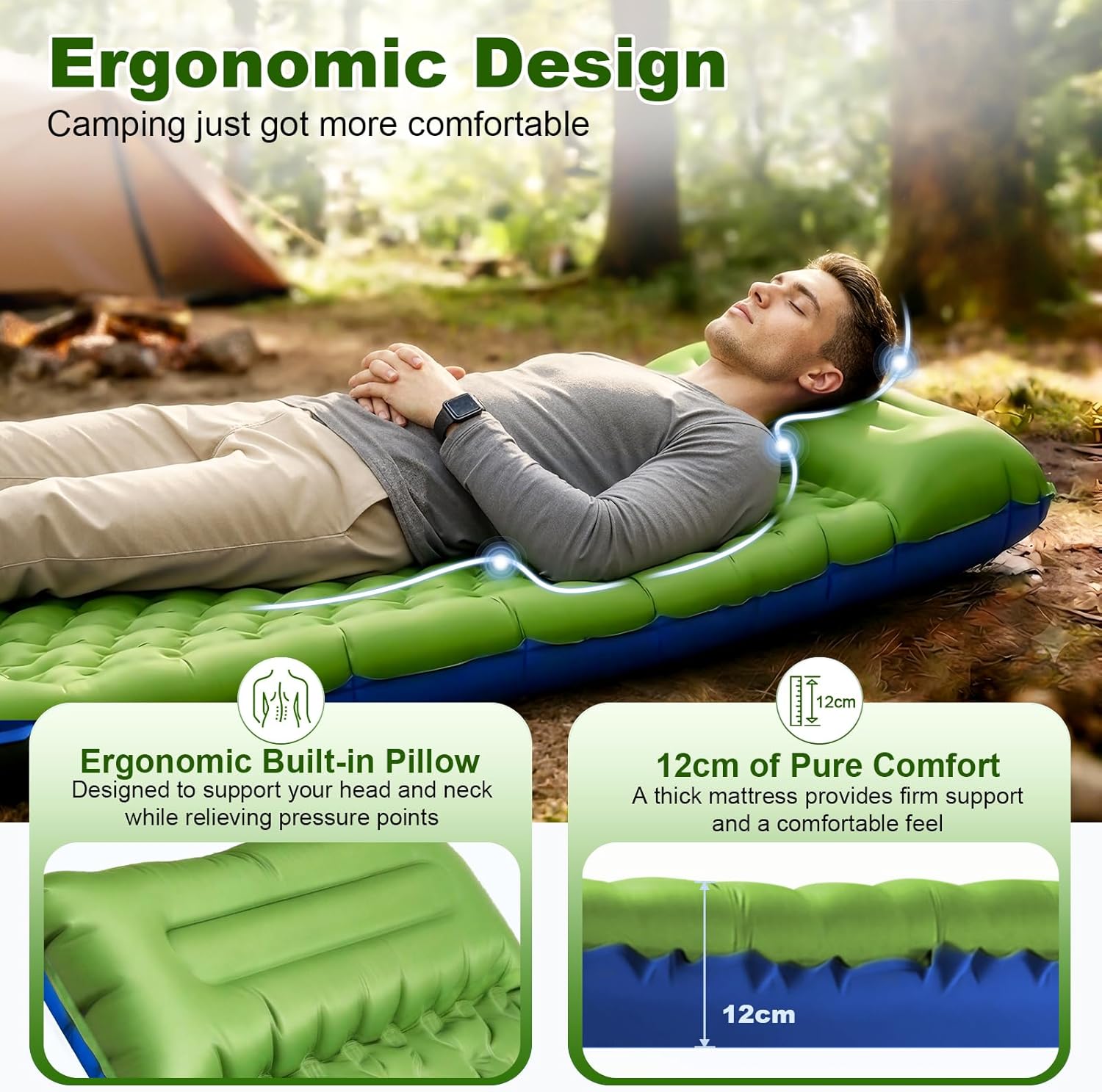 Thumbnail 2 de JATEKA Camping-Isomatte 12 cm dick, 83 cm breit – aufblasbar mit Kopfkissen & Fußpumpe