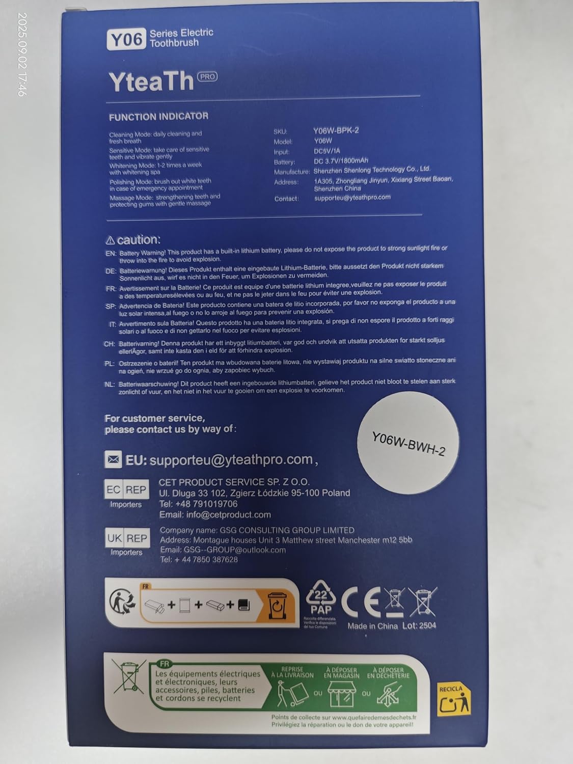 Detalle de YTEATH PRO – 2 obrotowe szczoteczki elektryczne, 10 końcówek, 5 trybów, IPX7