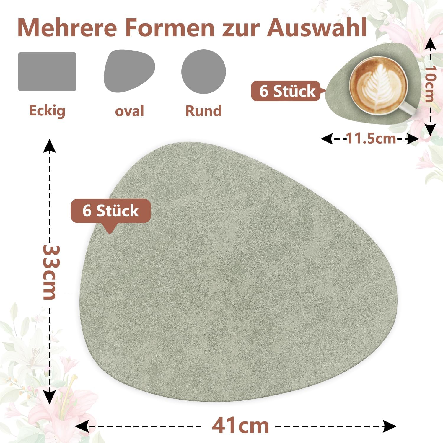 Detalle 2 de HELI MIAO 6er Set Tischsets aus Leder-Imitat – wasserdichte, abwaschbare Platzsets mit rutschfester Unterseite (Oval, Hellgrün+Beige)
