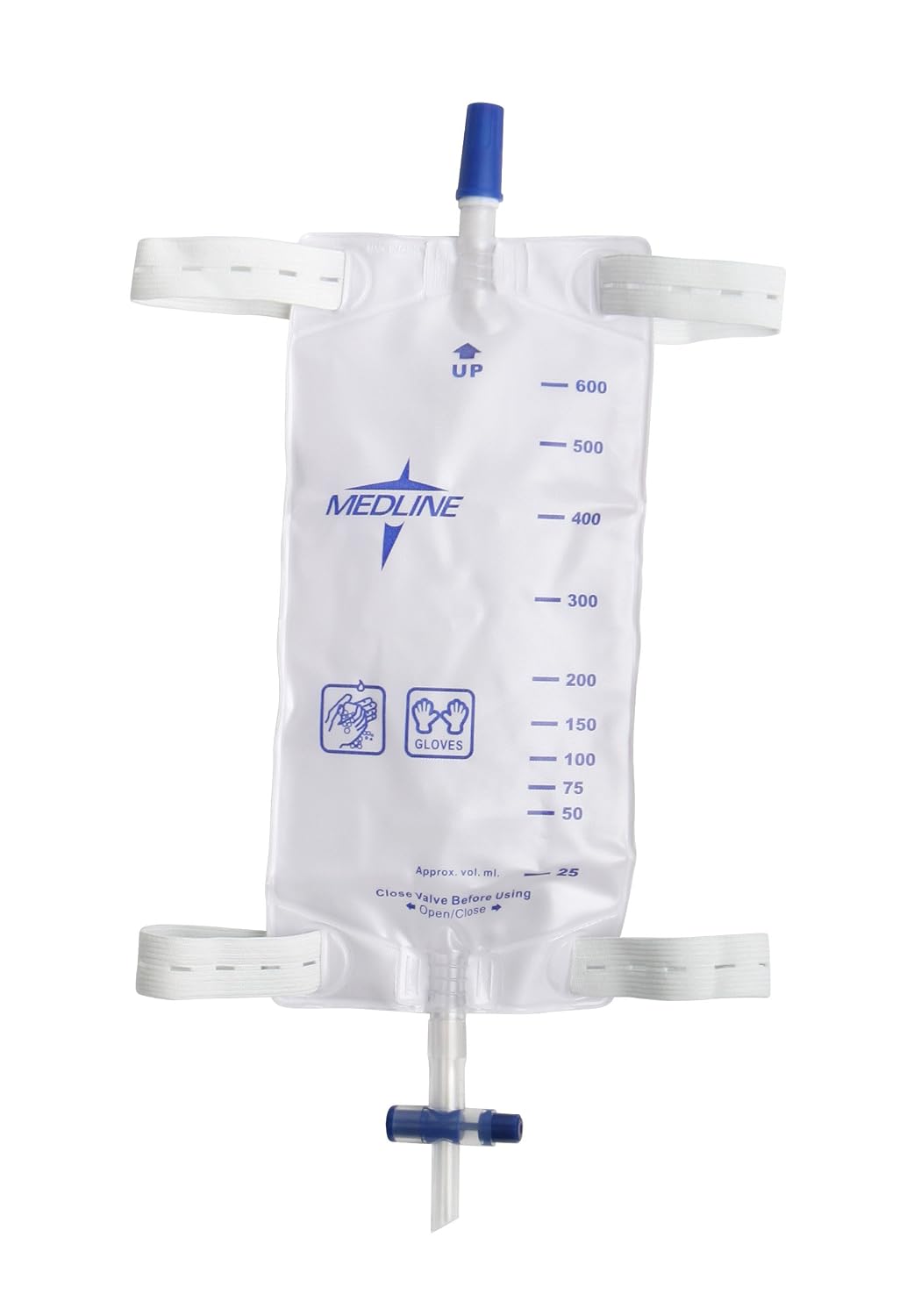 Detalle de Medline Medium Urinary Leg Drain Bag, 600 mL, Fabric Backing and Slide-Tap Port
