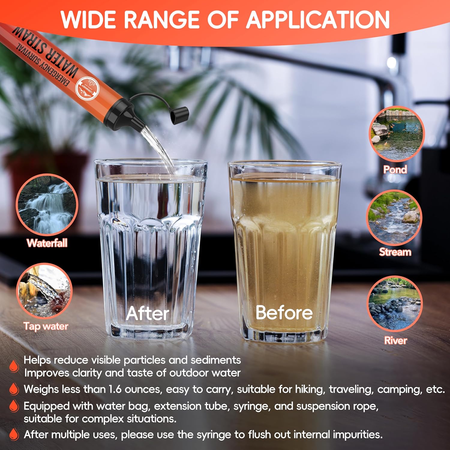 Detalle de Lormandy S2 orange Water Filter Straw, 1,300-Gallon Capacity, Lightweight ABS