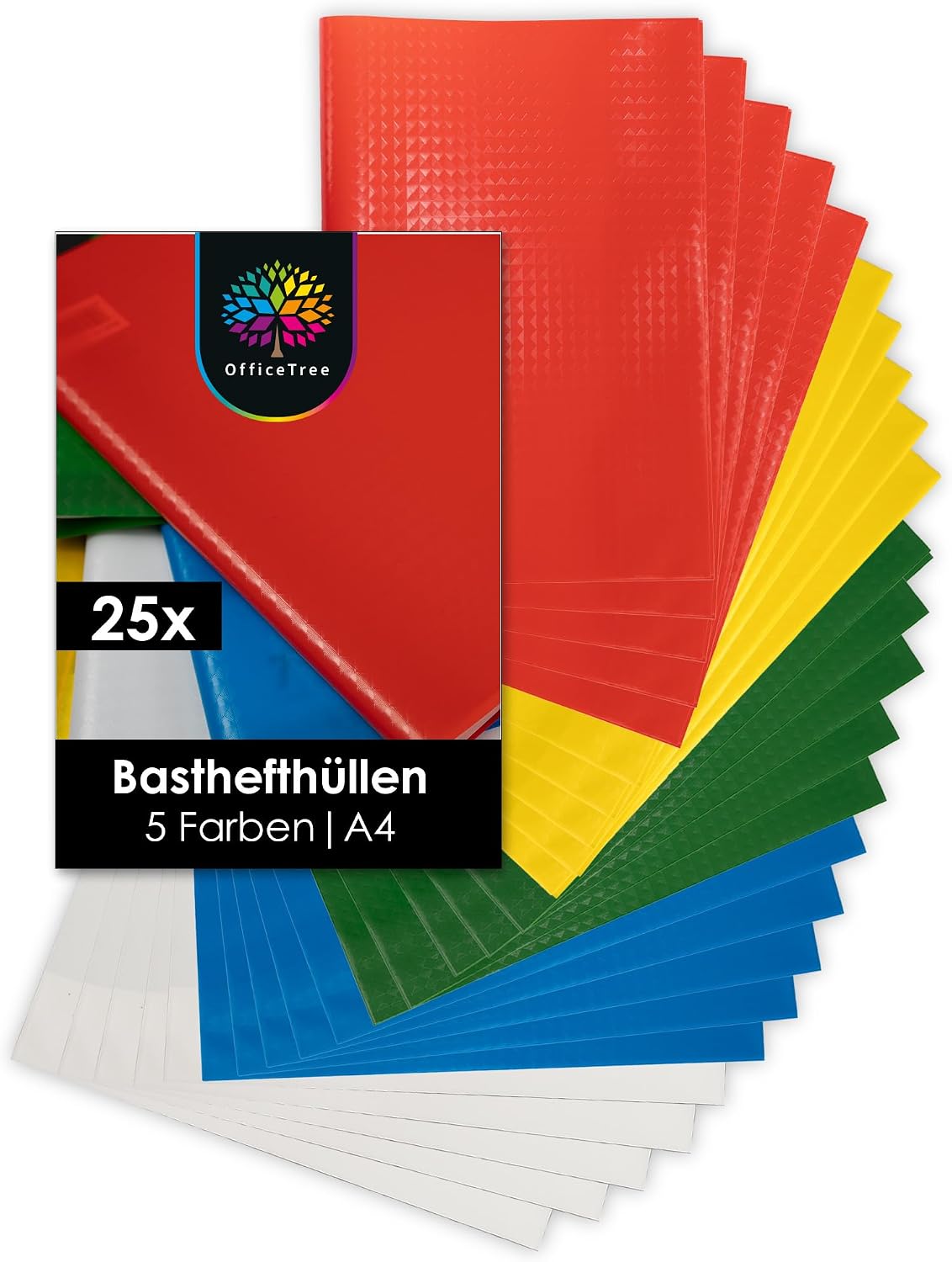OfficeTree Hefthüllen A4 bunt – 25x Hefthüllen im Bastoptik-Set mit Etiketten, 5 Farben