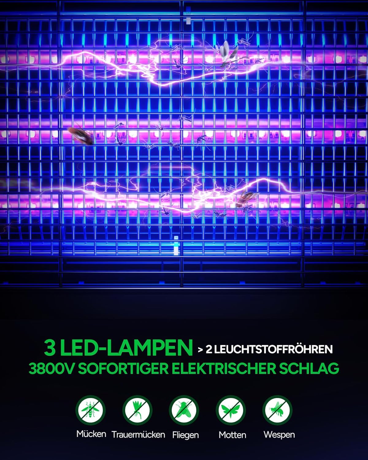 Detalle de Buzbug LED Insektenvernichter Innen MA009 – Dual-UV, 3 LED-Röhren, Hochspannungsgitter