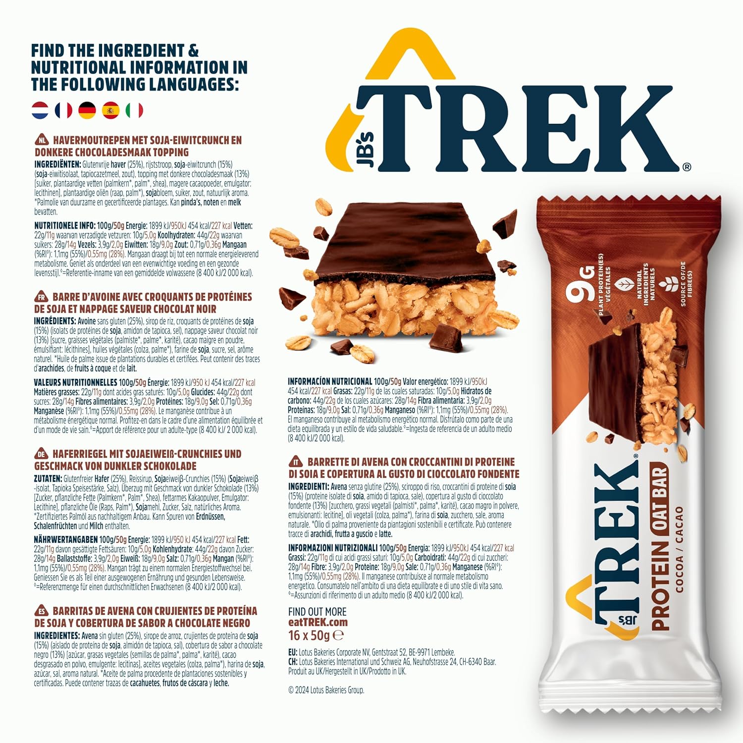 Detalle de JB's TREK Protein Haferriegel Cocoa Oat – 16x50 g (800 g)
