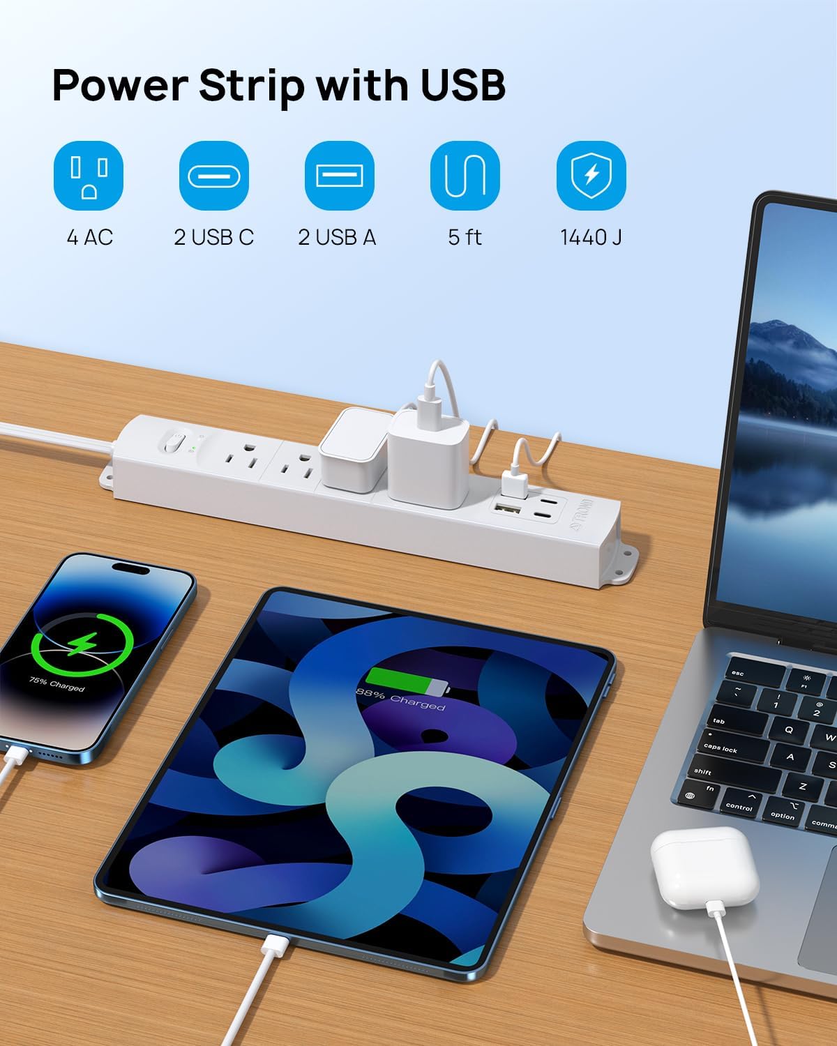 Thumbnail 2 de TROND Prime II 5FT Power Bar with Surge Protection, 4 Outlets and 4 USB Ports