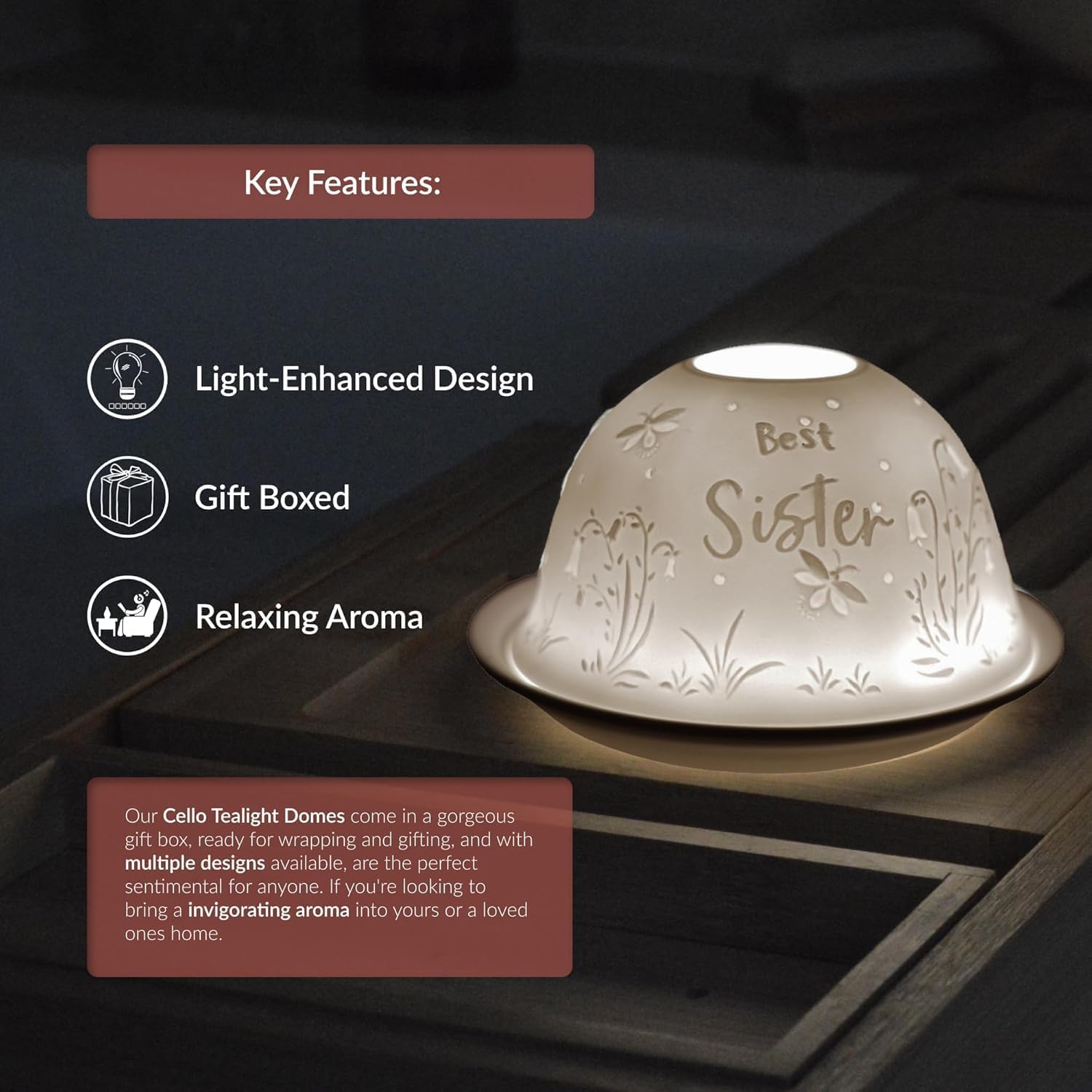 Thumbnail 2 de Cello Porcelain Tealight Holder Dome with “Best Sister” 3D projection LED/wax warmer